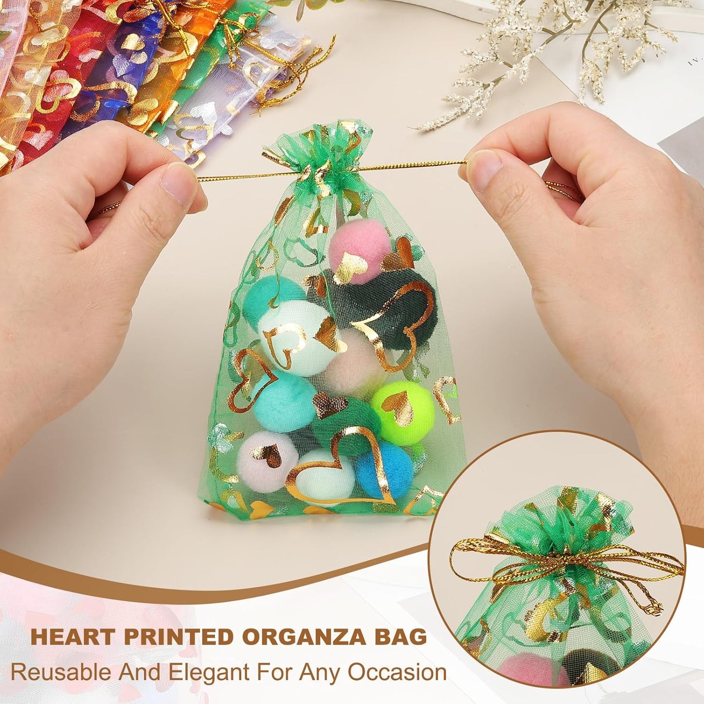 PATIKIL 100 Pcs 4x6 Inch Heart Printed Organza Bags, Purple Sheer Heart Organza Bags with Drawstring for Christmas Candy Jewelry Party Wedding Favor Gift