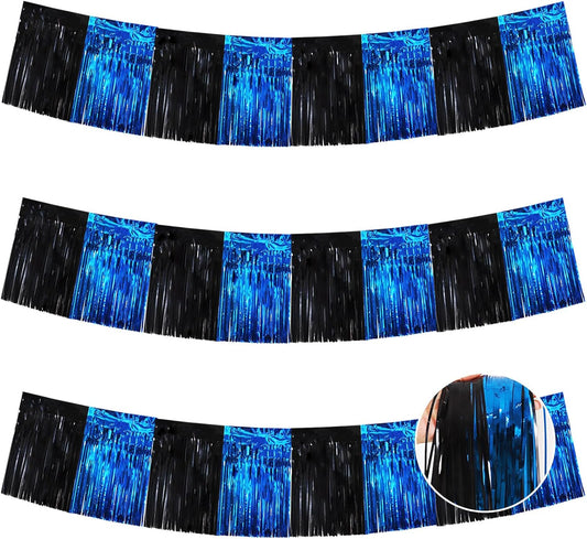 BEISHIDA 3 Packs Metallic Foil Fringe Garland Black Blue Wall Hanging Tinsel Fringe Banners for Car Floats Bridal Shower Wedding Birthday Easter Graduation Holiday Party Decoration(30 Feet)