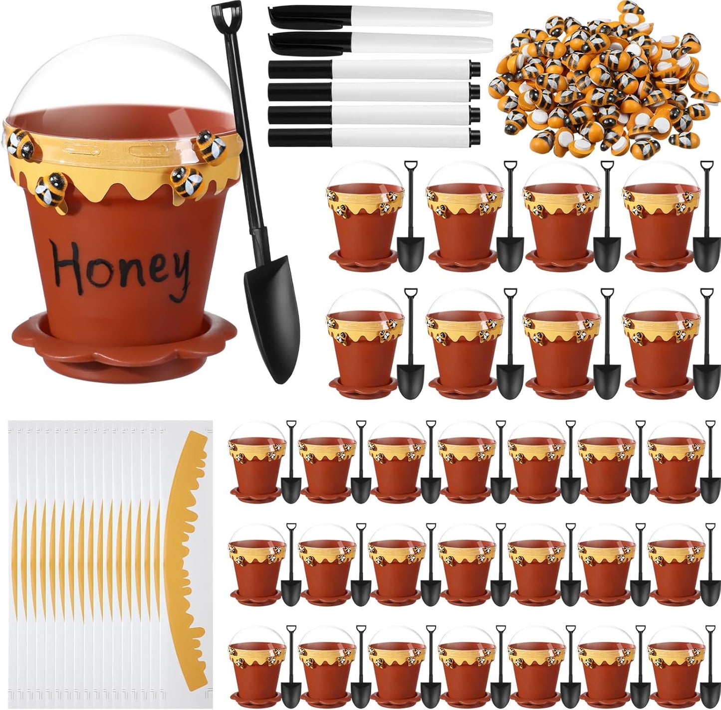 30 Sets Mini Honey Bee Pots with Lids, Spoon, Saucers and Bee Charms, 6.76 OZ Plastic Honey Jars for Cupcake Dessert Themed Party Favor Planter Baby Shower Birthday Wedding Decoration (Brown)