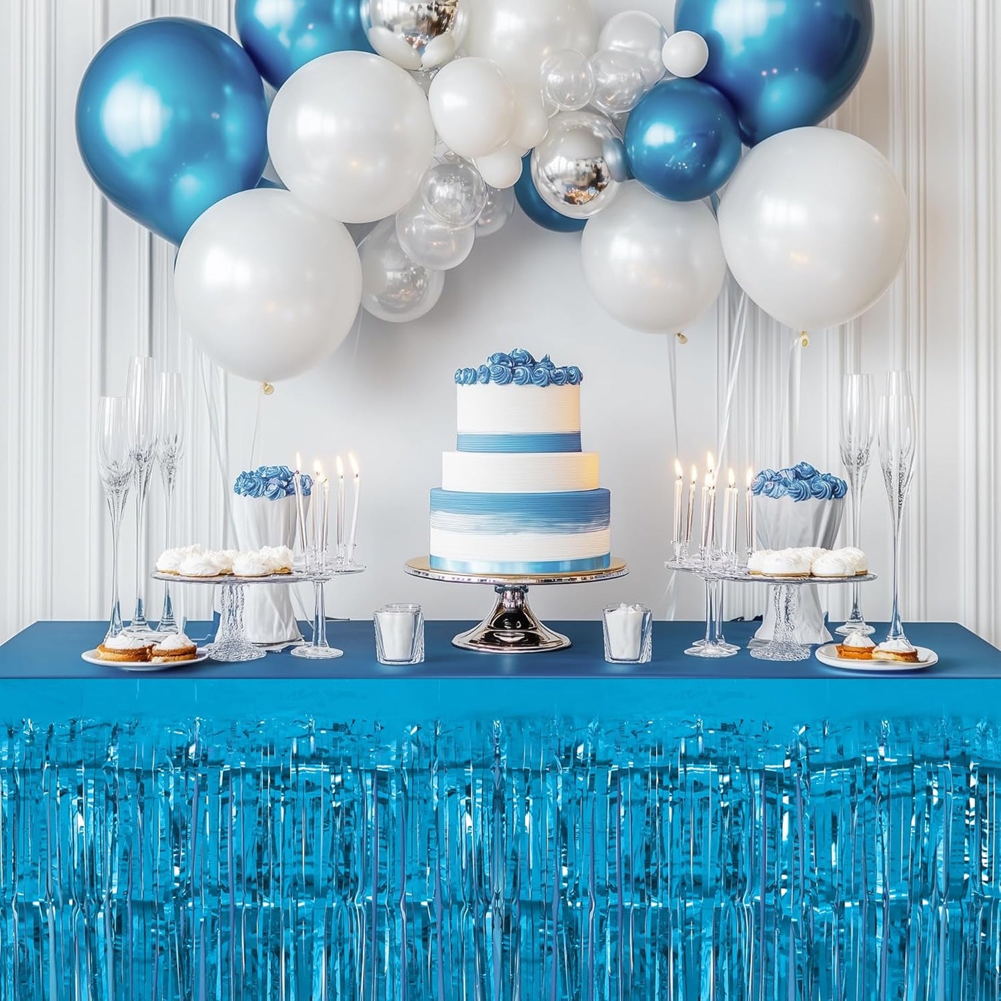 2 Pack Lake Blue Dark Purple Table Skirts, 29x108" Metallic Foil Tinsel Fringe Table Skirt for Rectangle Tables Streamer Curtains Backdrop, Party Decorations for Birthdays, Weddings, Holidays