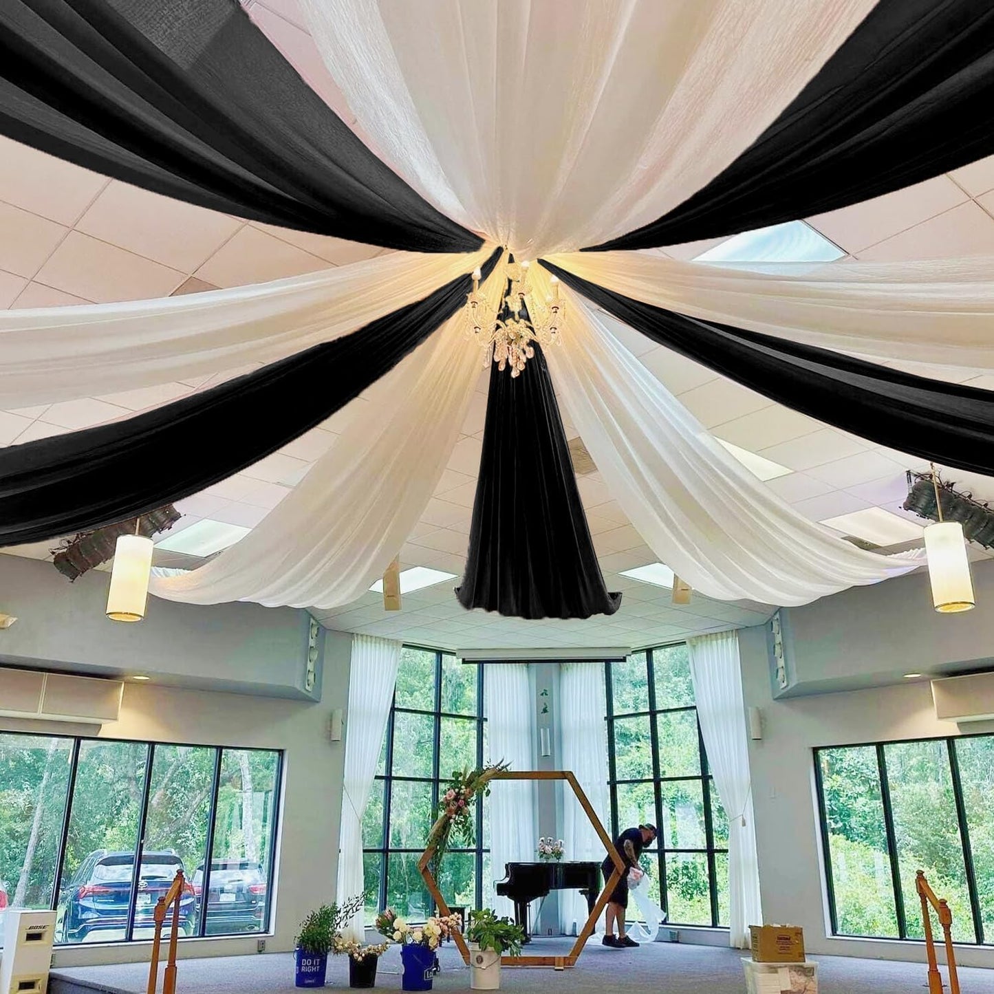 MODFUNS Black Ceiling Drapes Wedding Arch Drapery 5x30ft 4 Panels Chiffon Sheer Curtain Drapes Rustic Fabric for Wedding Party Reception Decoration