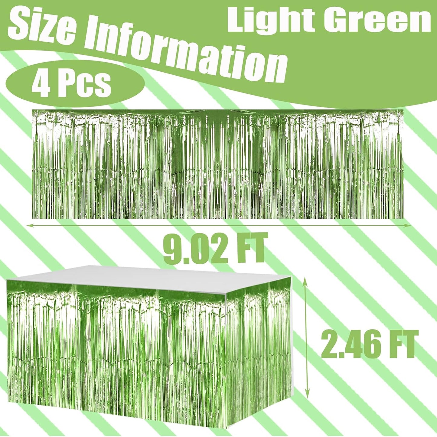 4 Pack 29x108 Inch Metallic Foil Fringe Tinsel Table Skirts for Rectangle Tables Streamer Backdrop for Wedding, Birthday, Parade Floats, Christmas, Halloween Party Decoration(Light Green)