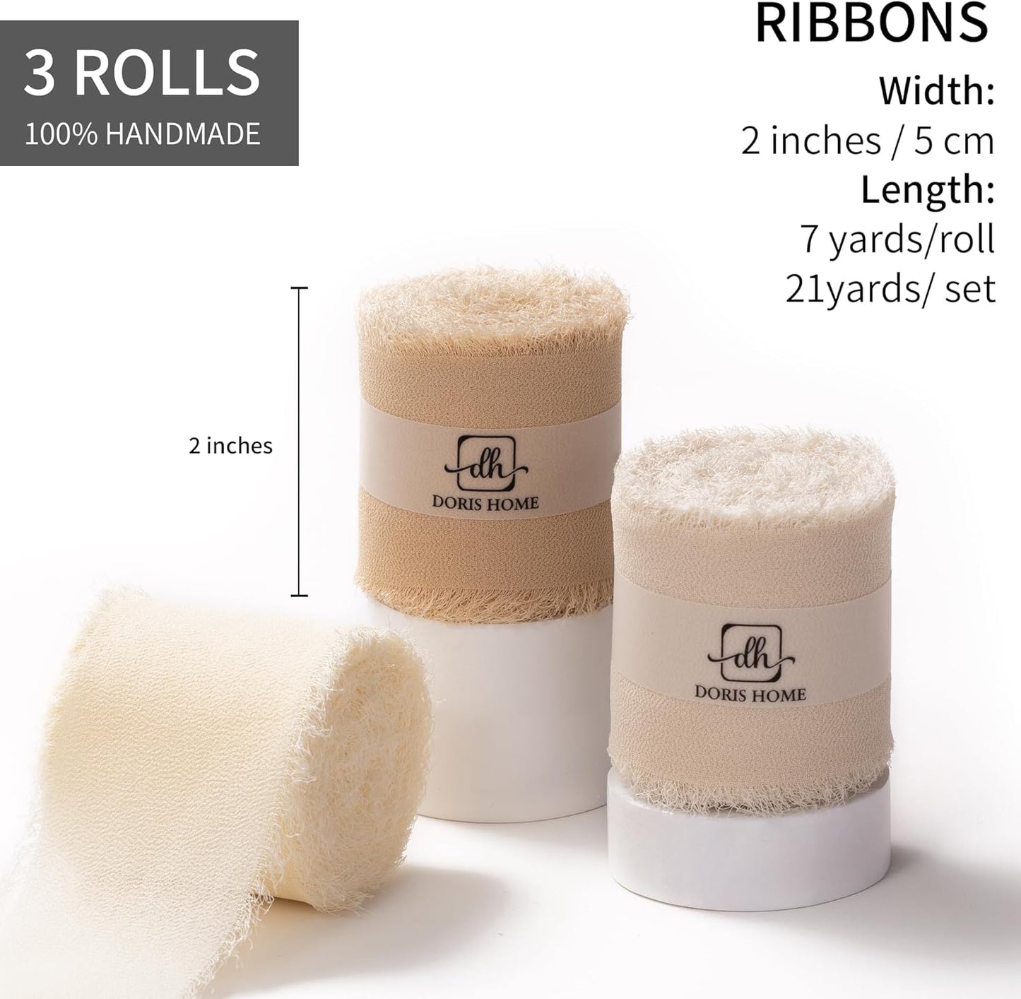 DORIS HOME 2" x21Yd Chiffon Ribbon for Flower Bouquet, Sand & Nude Fabric Ribbon for Gift Wrapping, Handmade Frayed Ribbon for Wedding/Christmas Decorations