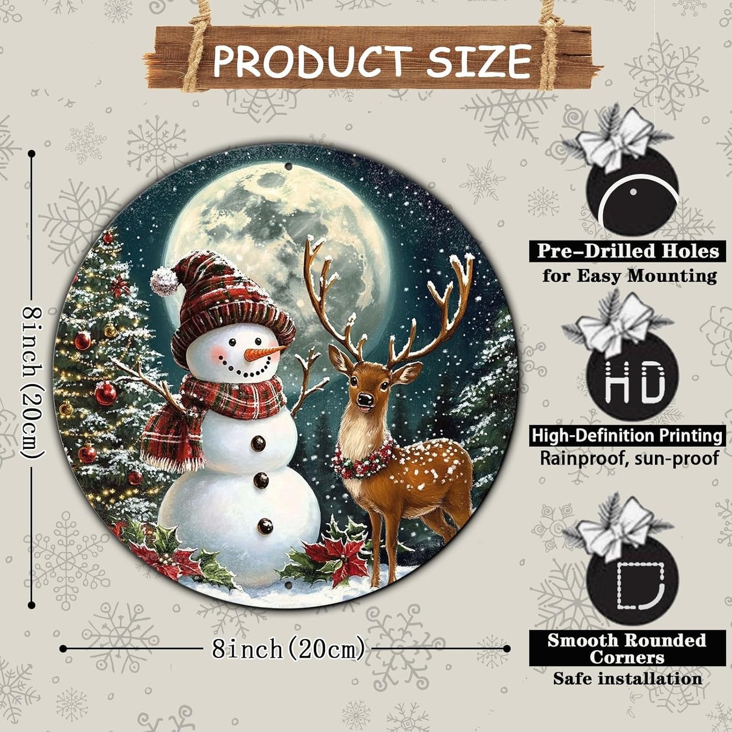 Christmas Snowman Decor Round Metal Tin Sign Christmas Deer Vintage Tin Sign for Home Coffee Wall Decor for Christmas Family Wall Decoration 8 * 8 in