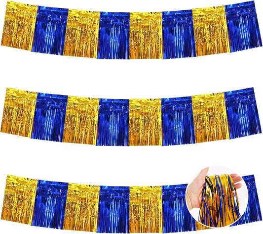 BEISHIDA 3 Packs Metallic Foil Fringe Garland Blue Gold Wall Hanging Tinsel Fringe Banners for Car Floats Bridal Shower Wedding Birthday Easter Graduation Holiday Party Decoration(30 Feet)