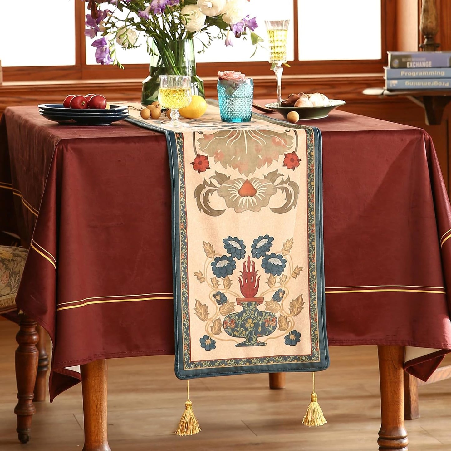patdrea Designer Casual Wild Floral Velvet Table Runner 87 Inch Long, Brown Occult Bouquets Pattern Table Mat, Decoration for Kitchen Dining Coffee Table Cabinet Banquet Thanksgiving,12"*87"
