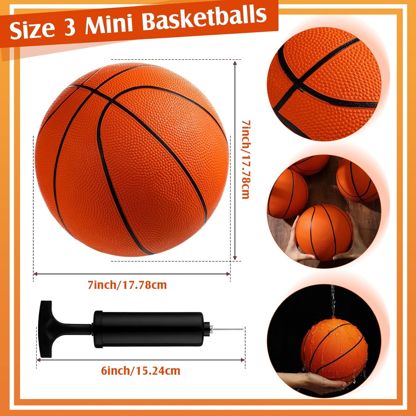 12 Pcs Mini Rubber Basketballs with Air Pump Set 7 Inch Mini Hoop Basketball Small Junior Size 3 Balls for Beginner Arcade Games Indoor Outdoor Pool Favors