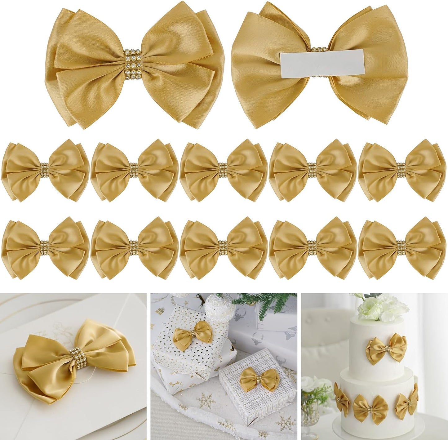 Gold Bows 4'' Premade Satin Ribbon Bow, Gift Bows with Rhinestone, Wrapping Bows for Presents, Greeting Cards, Treat Bags, Wine Bottles, Valentines Bows for Gift Wrapping-12 Counts