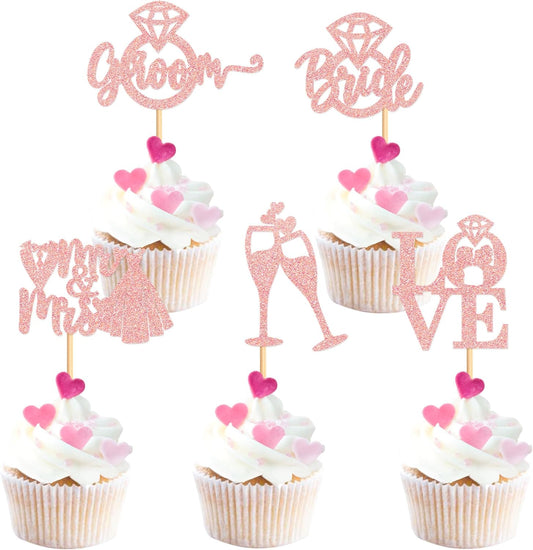 25 PCS Bride to Be Groom to Be Cupcake Toppers with Ring Dress Bridal Shower Cupcake Picks Wedding Engagement Anniversary Party Cake Decorations Supplies Rose Gold