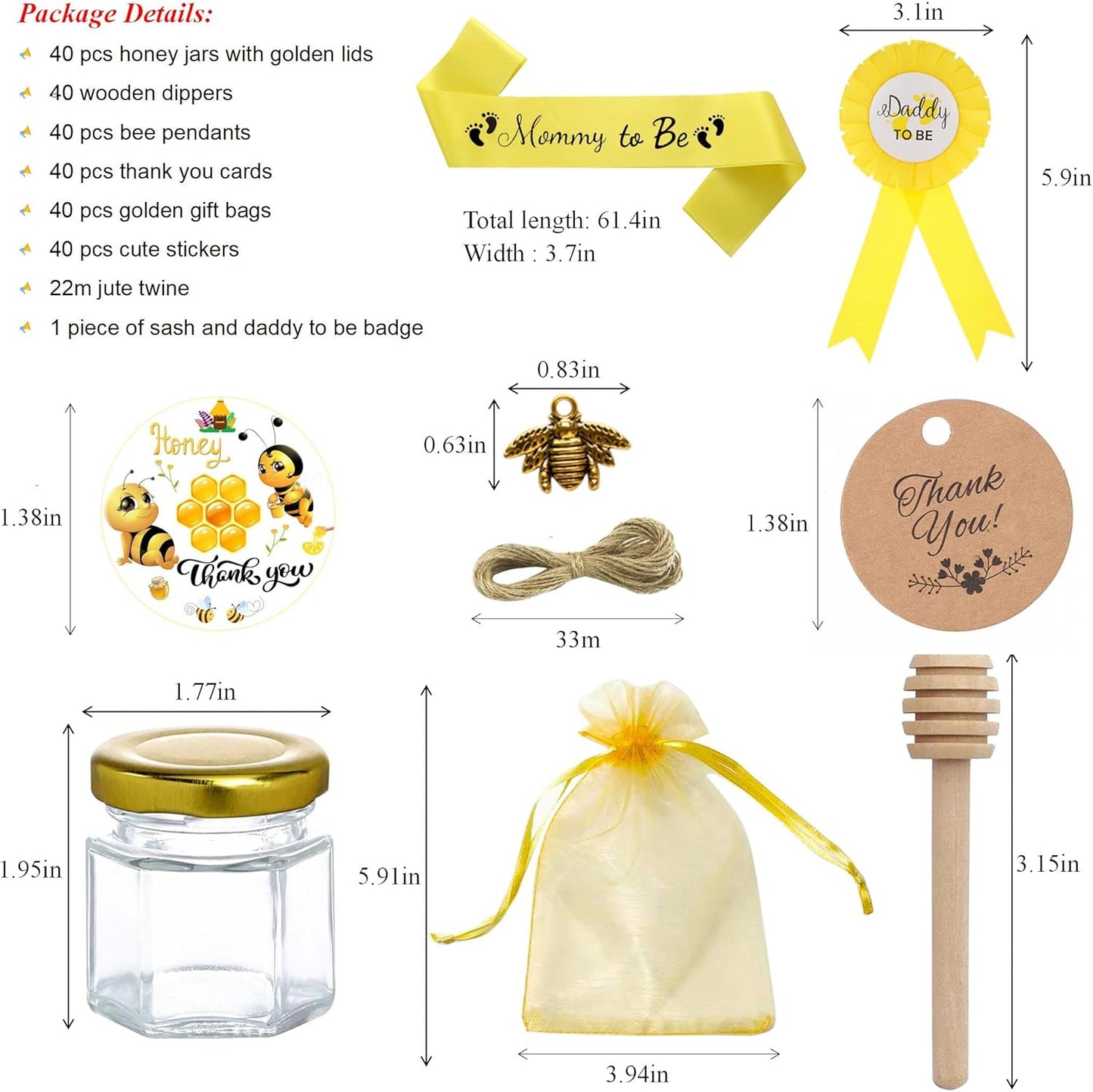 IIKUM 40 Pack Glass Honey Jars, 1.5 oz Honey Pot with Baby Shower Sash, Lids, Dippers, Bee Pendants, Gift Bags, Cards, Jute and Stickers-Ideal Honey Jars Set for Baby Shower, Wedding and Party Favors