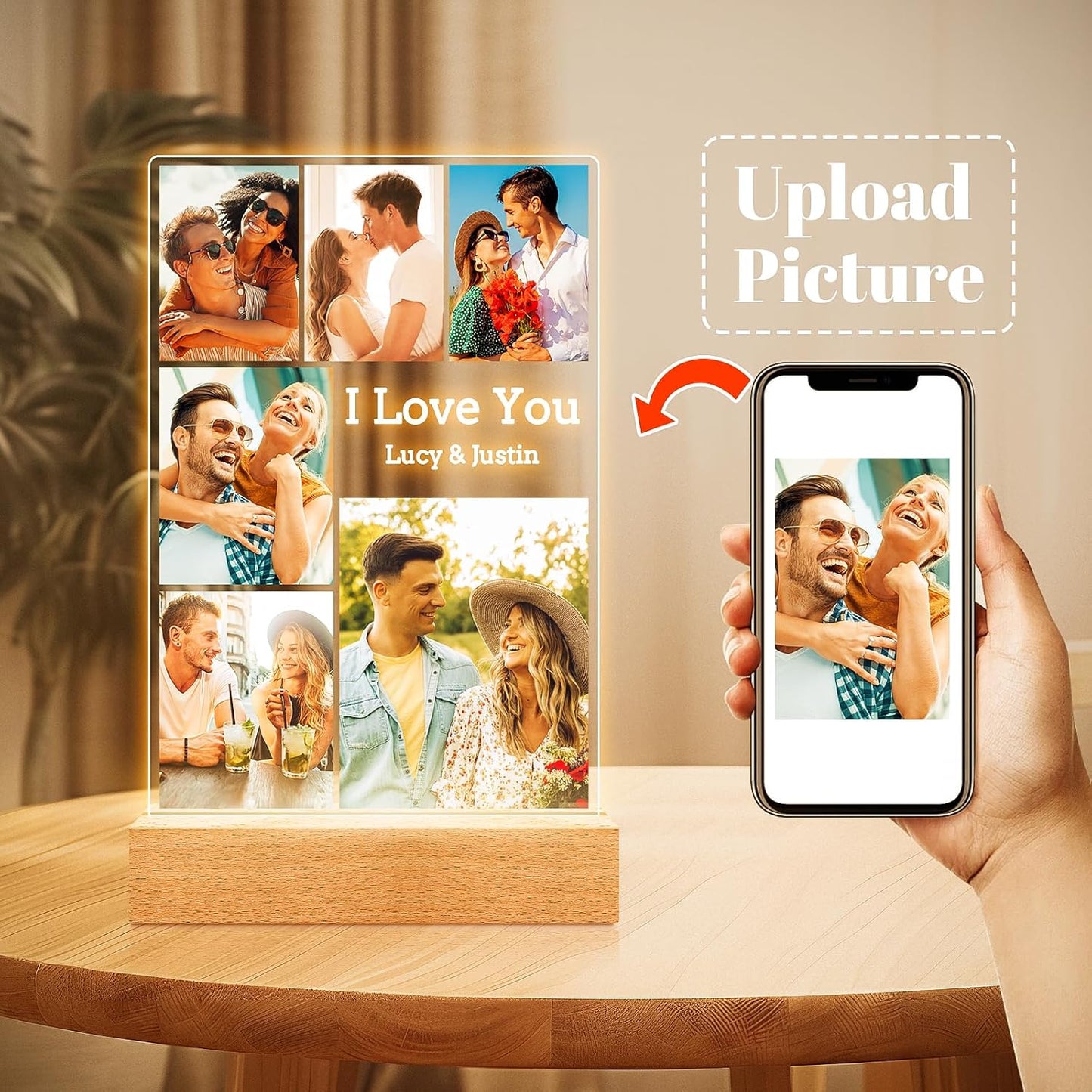 Custom Couple Picture Frames with Photos, Customized Acrylic Plaque Photo Frame with Night Light, Personalized Anniversary Birthday Gifts for Women Men Him Her Boyfriend Girlfriend