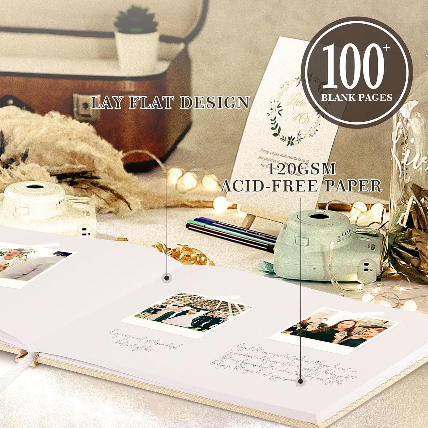 Lanpn Wedding Guest Book 2025 - Linen Hardcover Polaroid Guestbook Wedding Reception with 108 Blank Pages for Sign in and Photos - Guest Book for Wedding Bridal Shower Baby Shower Party (Pink)