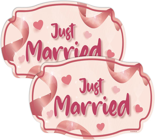 GEEKBEAR Just Got Married Car Magnet (2 Pack) - 13 x 8.7 in (Pink Ribbon)