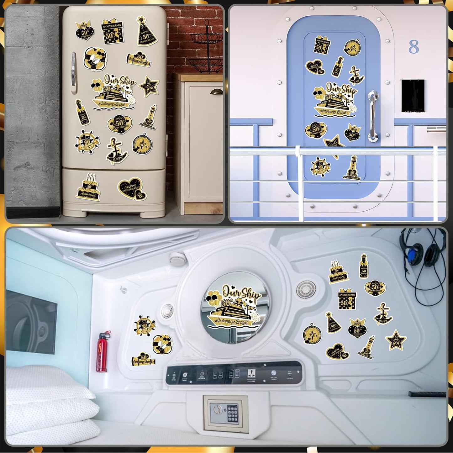 50th Anniversary Cruise Door Magnets Decorations, Gold Black Happy 50th Anniversary Cruise Ship Door Decor Magnetic for Married in 1975 Men Women Wedding Party Refrigerator Fridge Car Kitchen Garage