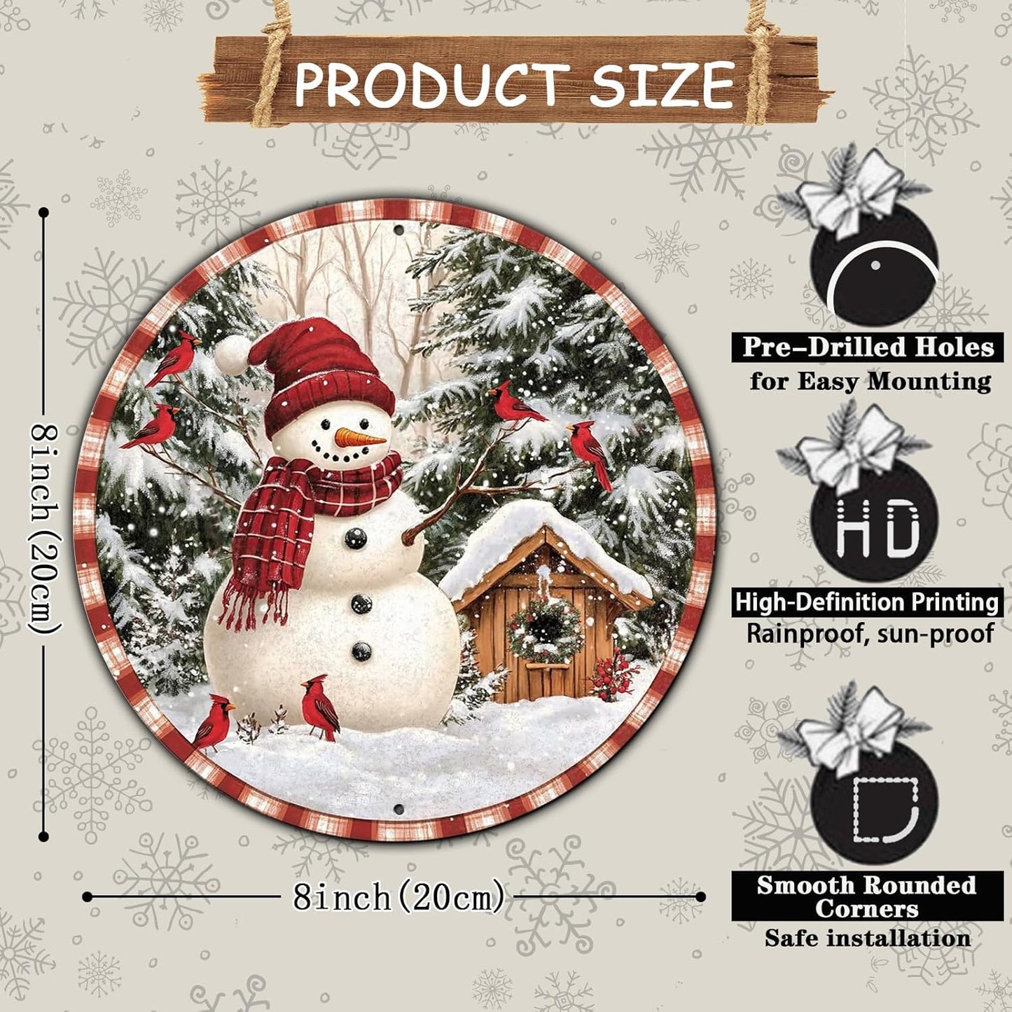 Round Christmas Metal Signs Vintage Snowman and Red Birds Tin Sign Metal Poster Christmas Snowman Sign for Bedroom Farmhouse Garage Wall Decor 8 * 8 in