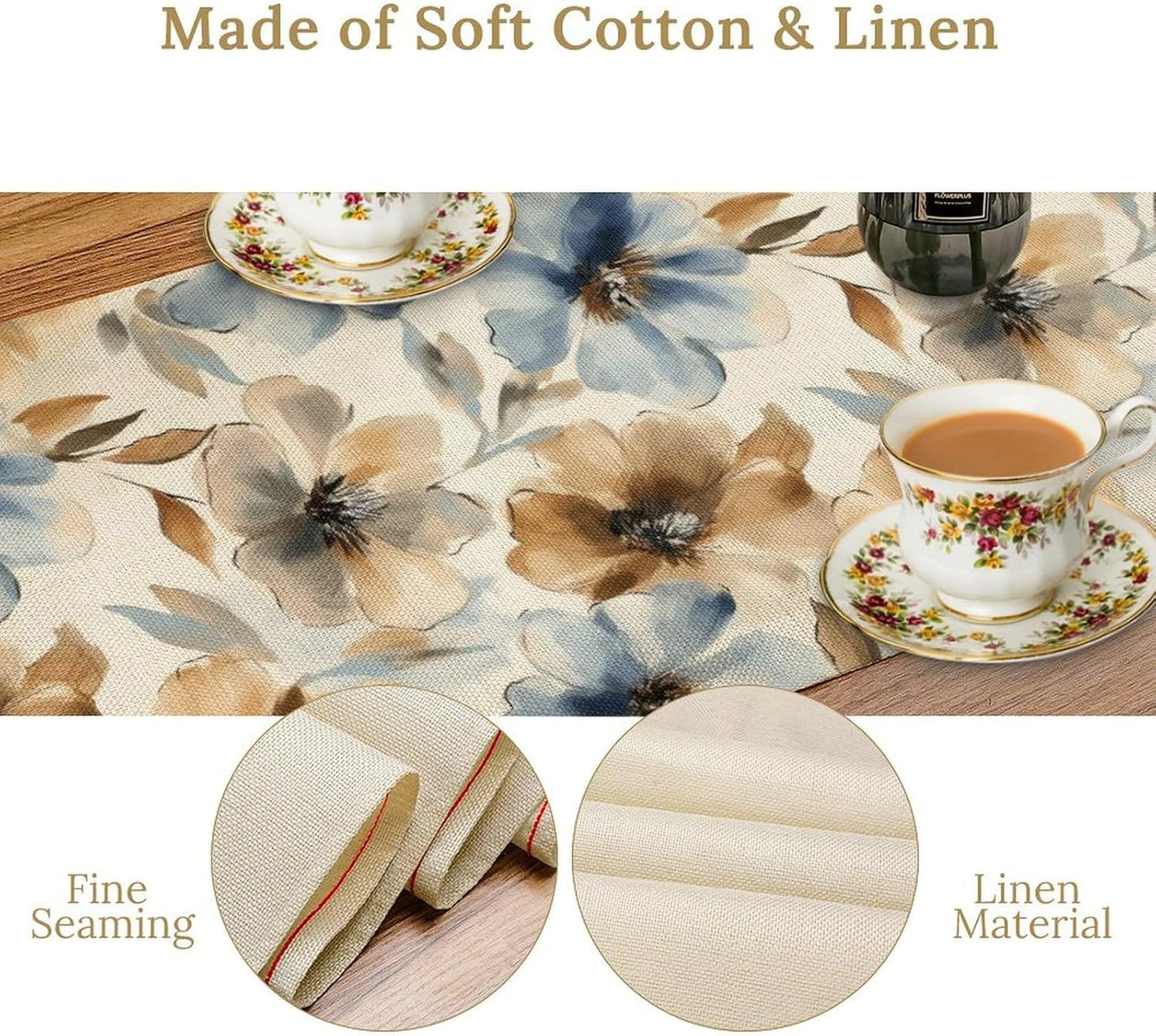 Poppy Floral Table Runner, Watercolor Brown Blue Flowers Blossom Summer Nature Table Runner for Kitchen Dinning Table Runner Decor Home Wedding Party Holiday, 13x90 Inch