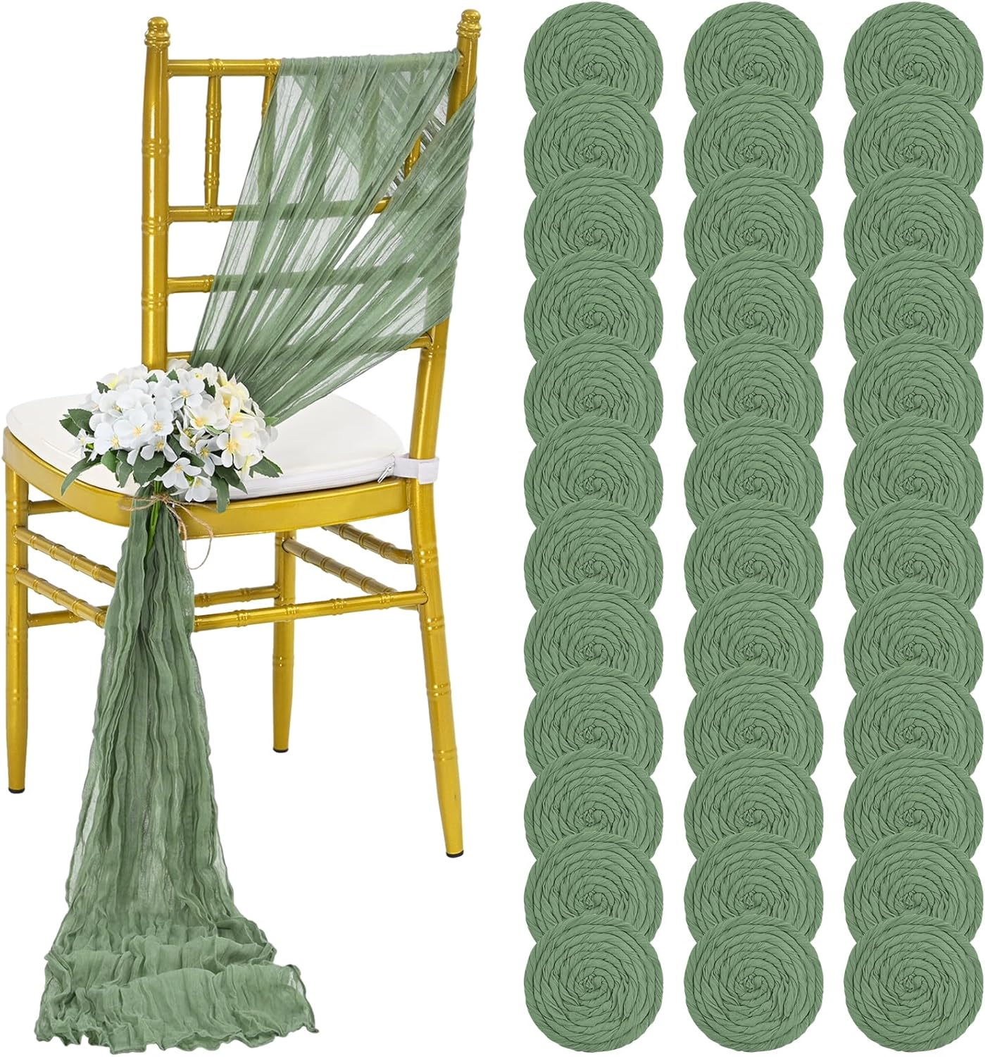 36 Pcs Sage Green Cheesecloth Chair Sashes, 16 x 108 inch Gauze Fabric Washable Chair Sashes Bows Designed for Aisle Decorations Universal Chair Cover Decor for Wedding Reception Party Banquet