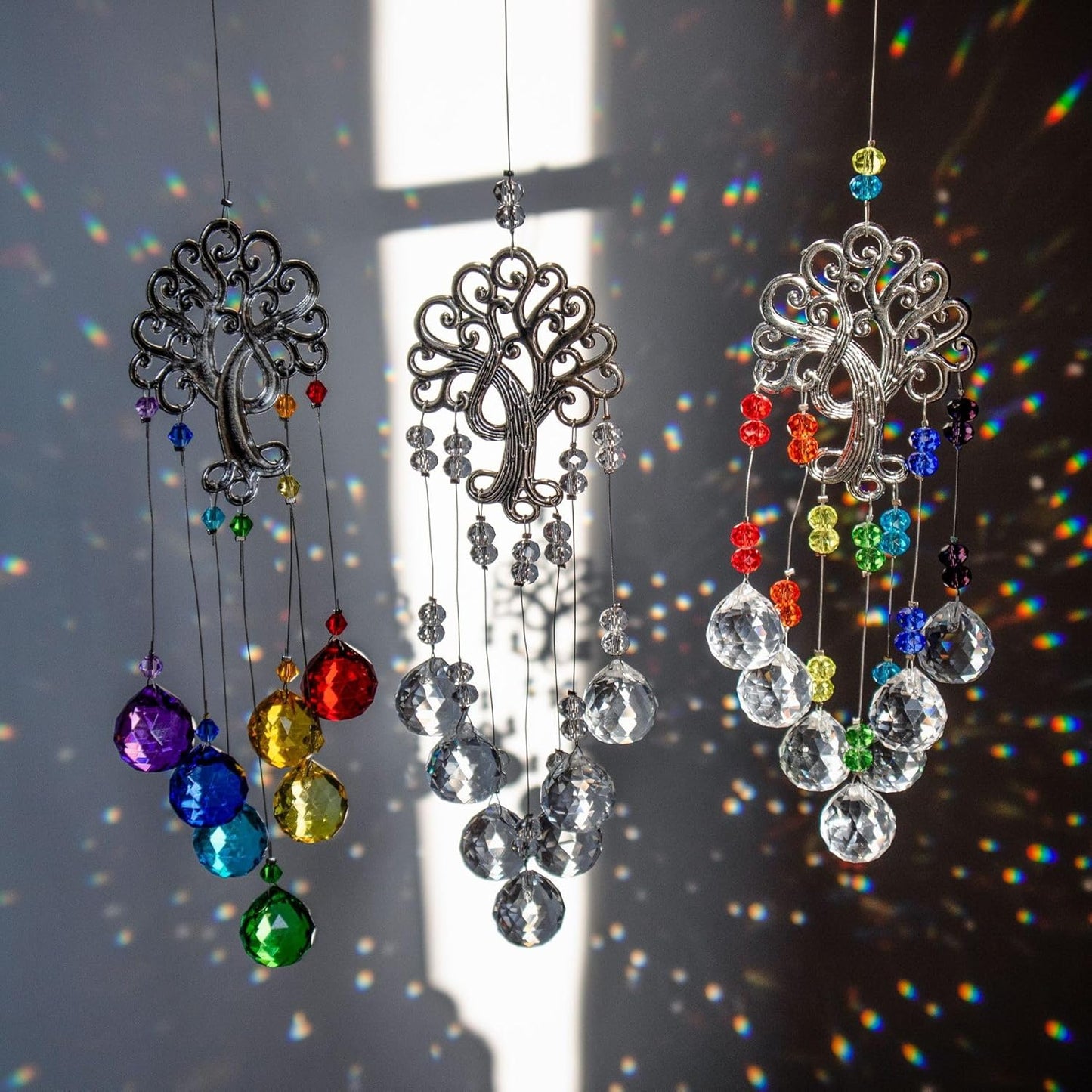 TUOKING 3 Pcs Crystal Suncatchers for Window Hanging Tree of Life Colorful Crystals Prism Ball Pendant Sun Catchers Rainbow Maker Ornament Gift Home Garden Decoration