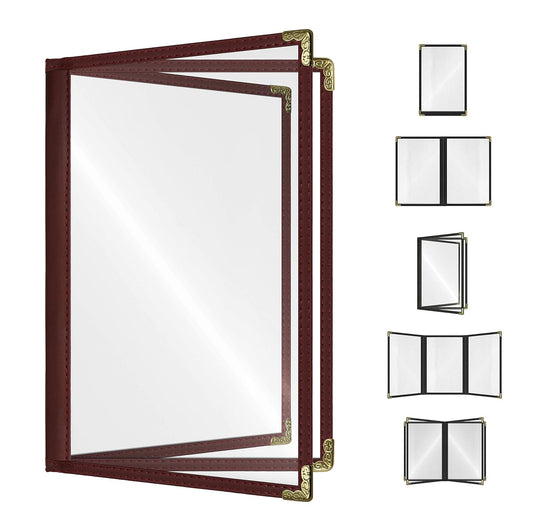 Goodsmart Restaurant Menu Covers – 25 Pack Burgundy 6-View Booklet 8.5" x 14", Side-Loading Vinyl & Plastic Menu Holders, Clear Menu Sleeves, Leather-Style Café Covers with Gold Corners