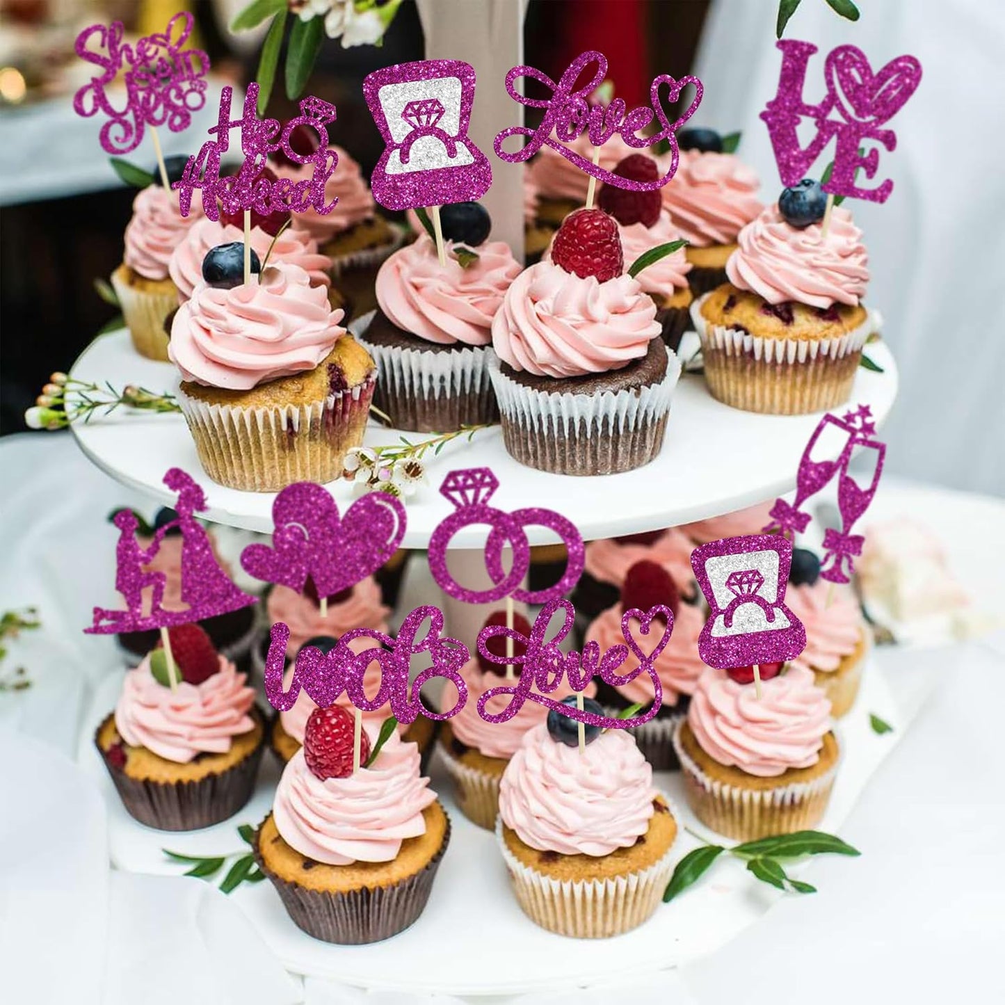 Ephlyn 30Pcs He Asked She Said Yes Cupcake Toppers Glitter Engagement Cupcake Toppers Diamond Ring Heart Love I Do Cupcake Picks for Engagement Wedding Party Cake Decorations Purple