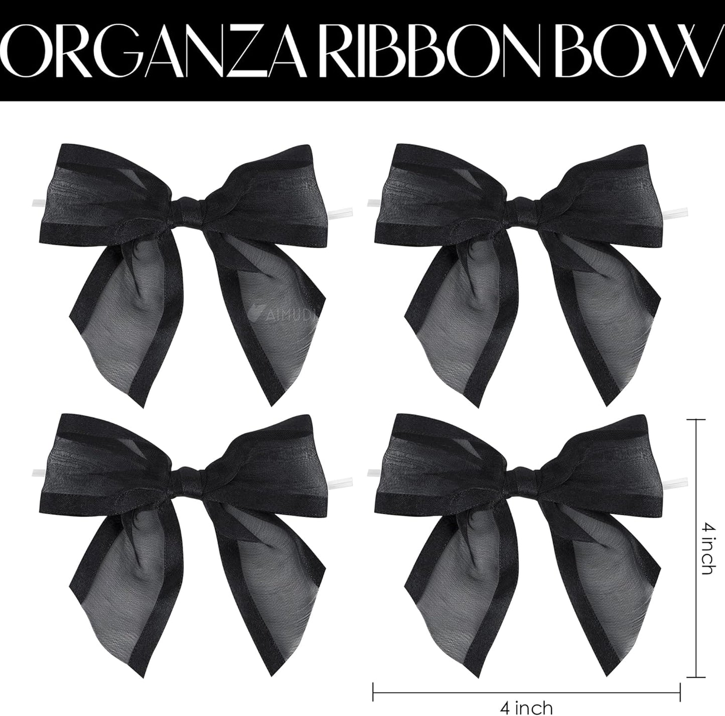 AIMUDI Black Bows for Crafts 4" Organza Bows Premade Twist Ties Bows for Gift Wrapping Treat Bags Baskets Cake Pop Baby Shower Birthday Wedding Decor - 12 Counts