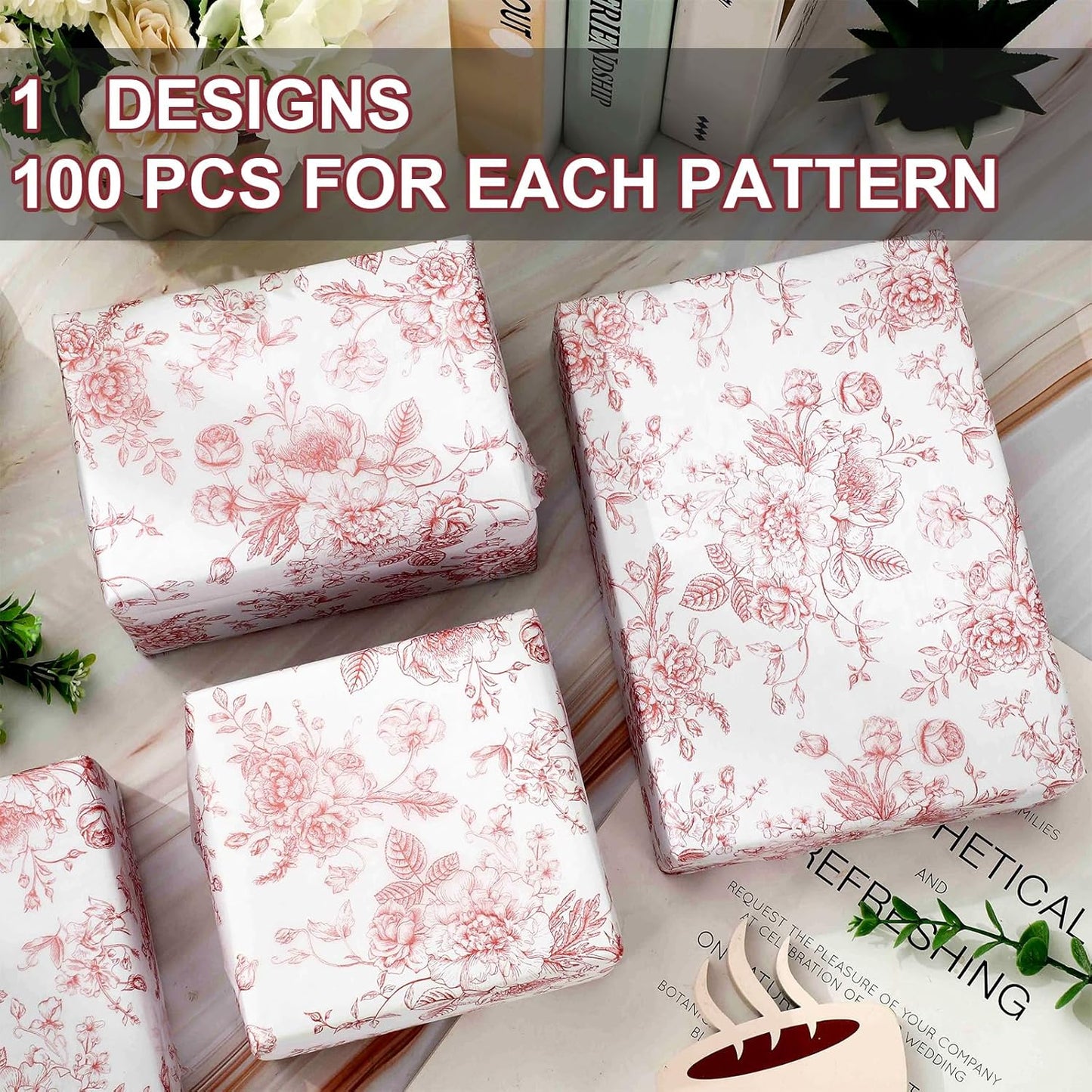 JarThenaAMCS 100 Sheets Floral Tissue Paper Rose Gold Flower Gift Wrapping Paper Vintage Decorative Art Paper for Home Party DIY Crafts Supplies, 14 x 20 Inch