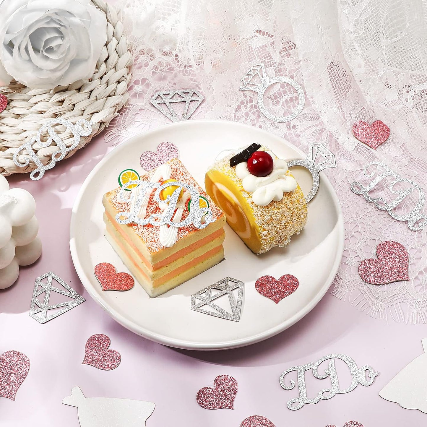 Zhanmai 240 Pieces Wedding Table Confetti, Glitter Rose Gold Heart Silver Diamond Ring I Do Scatter Party Table Decoration for Bridal Shower Engagement Bachelorette Party Decor