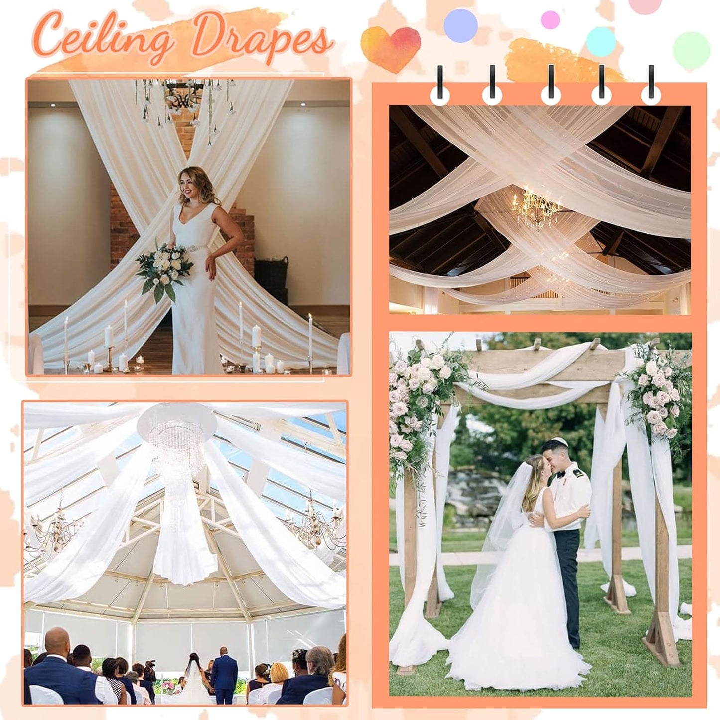 FUHSY 5FTx30FT Wedding Ceiling Drapes White Ceiling Drapes for Weddings 2 Panels Arch Draping Fabric Sheer Weddings Drape for Arch Sheer Drapery Backdrop Curtains Wedding Decorations for Ceremony