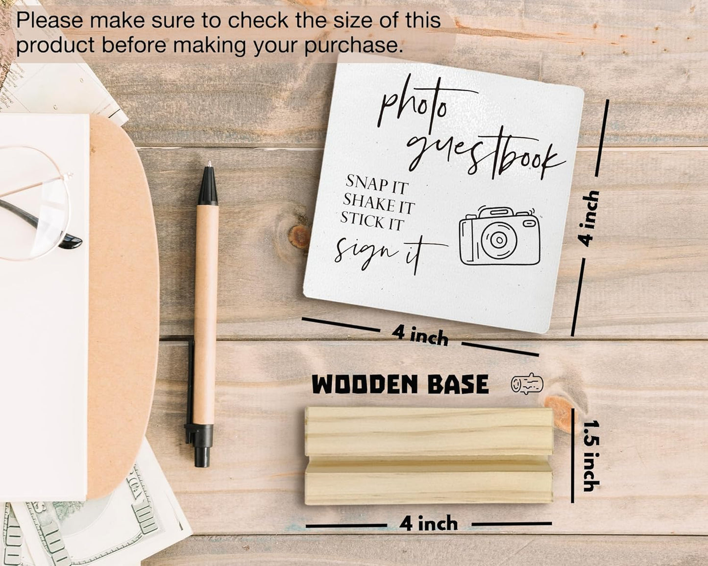 Wedding Guest Book Desk Decor 4x4 Inch, Photo Guest Book Sign Wood Plaque, WeddingGuestBook Sign, Wedding GuestBook Sign Wooden Plaque with Wood Stand for WeddingReception Table Decor