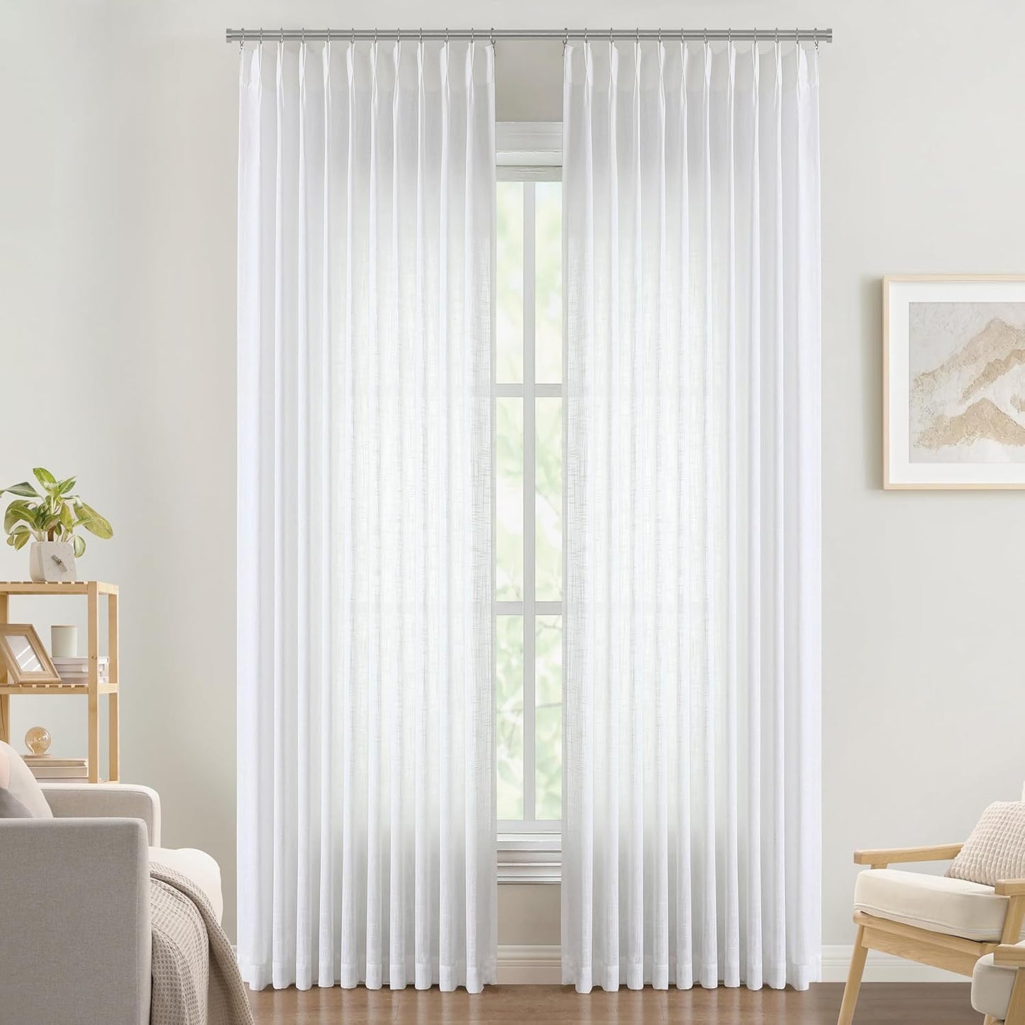 Vision Home White Pinch Pleated Semi Sheer Curtains Textured Light Filtering Window Curtains 112 inch for Living Room Bedroom Patio Rayon Blended Pinch Pleat Drapes with Hooks 1 Panel 60" Wx112 L