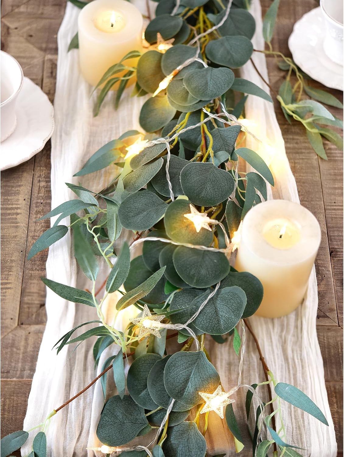 FiveSeasonStuff Woodland Whispers: Rustic Willow and Eucalyptus Garlands with 33 Feet 80 LED Star String Lights (Battery-Powered)