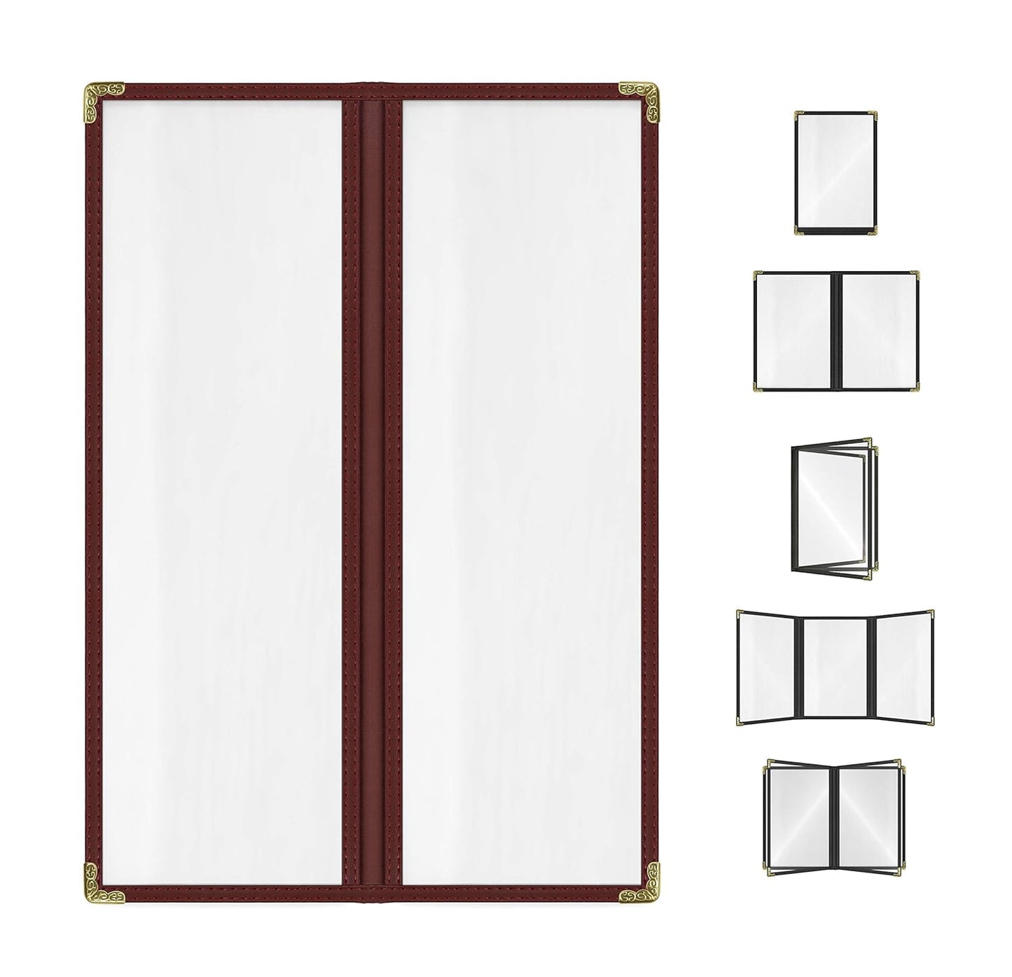 Goodsmart Restaurant Menu Covers - 25 Pack Burgundy 2 Pages / 4 Views 4.25" x 14", Top-Loading Vinyl Menu Holders with Clear Sleeves, Double-Stitched Edge, Leather-Style Café Covers with Gold Corners