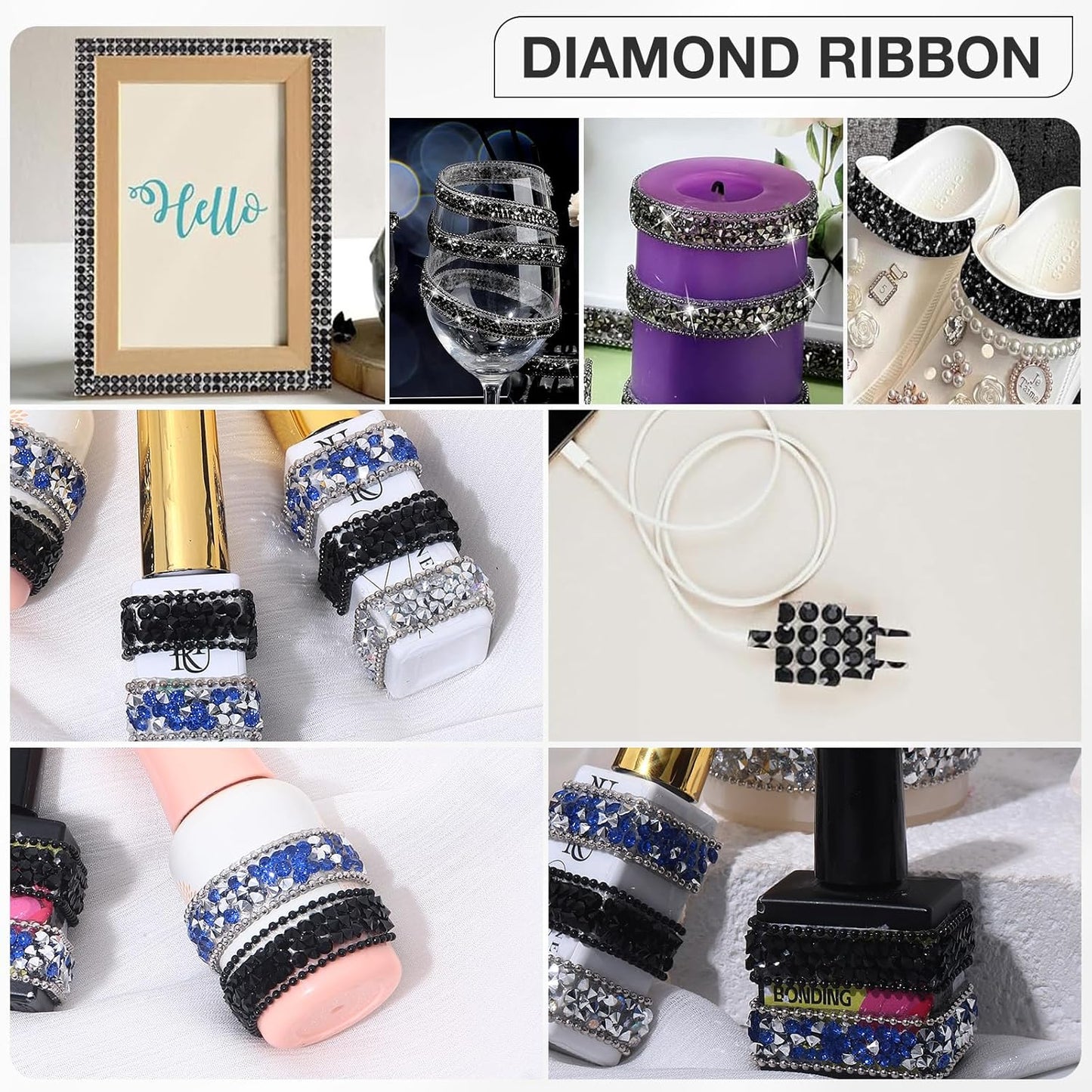 Black Rhinestone Ribbon 3 Yards Self Adhesive Rhinestone Strips Diamond Ribbon Sticker Crystal Roll Glitter Bling Rhinestones Tape for Crafting DIY Art Decoration (0.4 Inch)