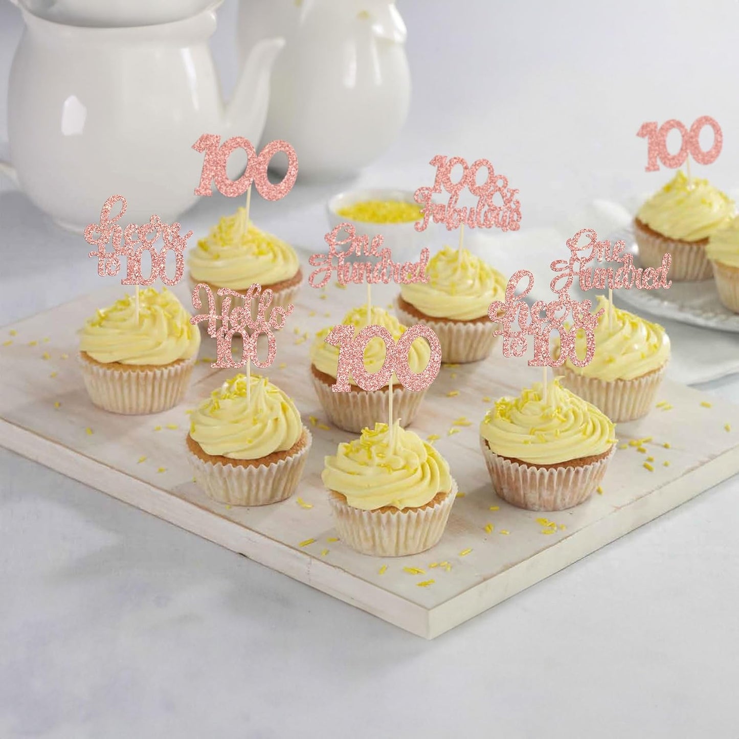 30pcs Happy 100th Birthday Cupcake Toppers - Rose Gold Glitter One Hundred Cheers to 100 Years Old Cupcake Picks for Anniversary Party Cake Decorations