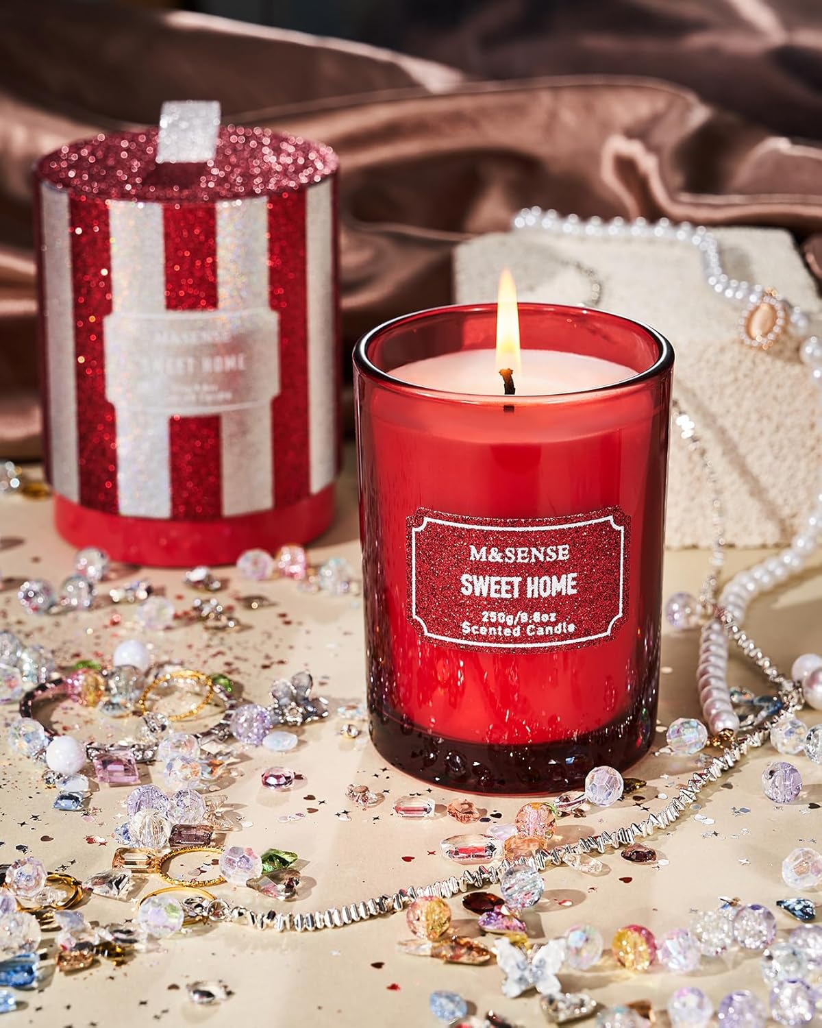 M&SENSE Cinnamon Apple Scented Candles, Classic Size 8.8 oz Glitter Jar Candles, Holiday Candles Gifts for Women, Strong Scented Natural Soy Candle For Winter Home Decor, 50 Hours Long Burning Candles