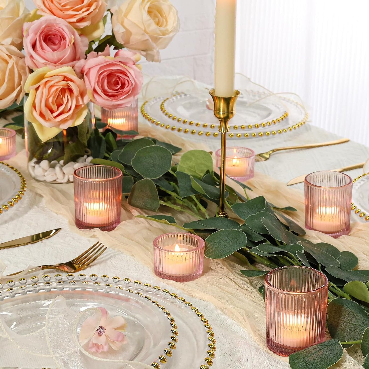 24 Pcs Glass Votive Candle Holders – Assorted Ribbed Pink Tea Light Holders Bulk for Weddings, Baby Showers, Parties, Home Décor, and Table Centerpieces