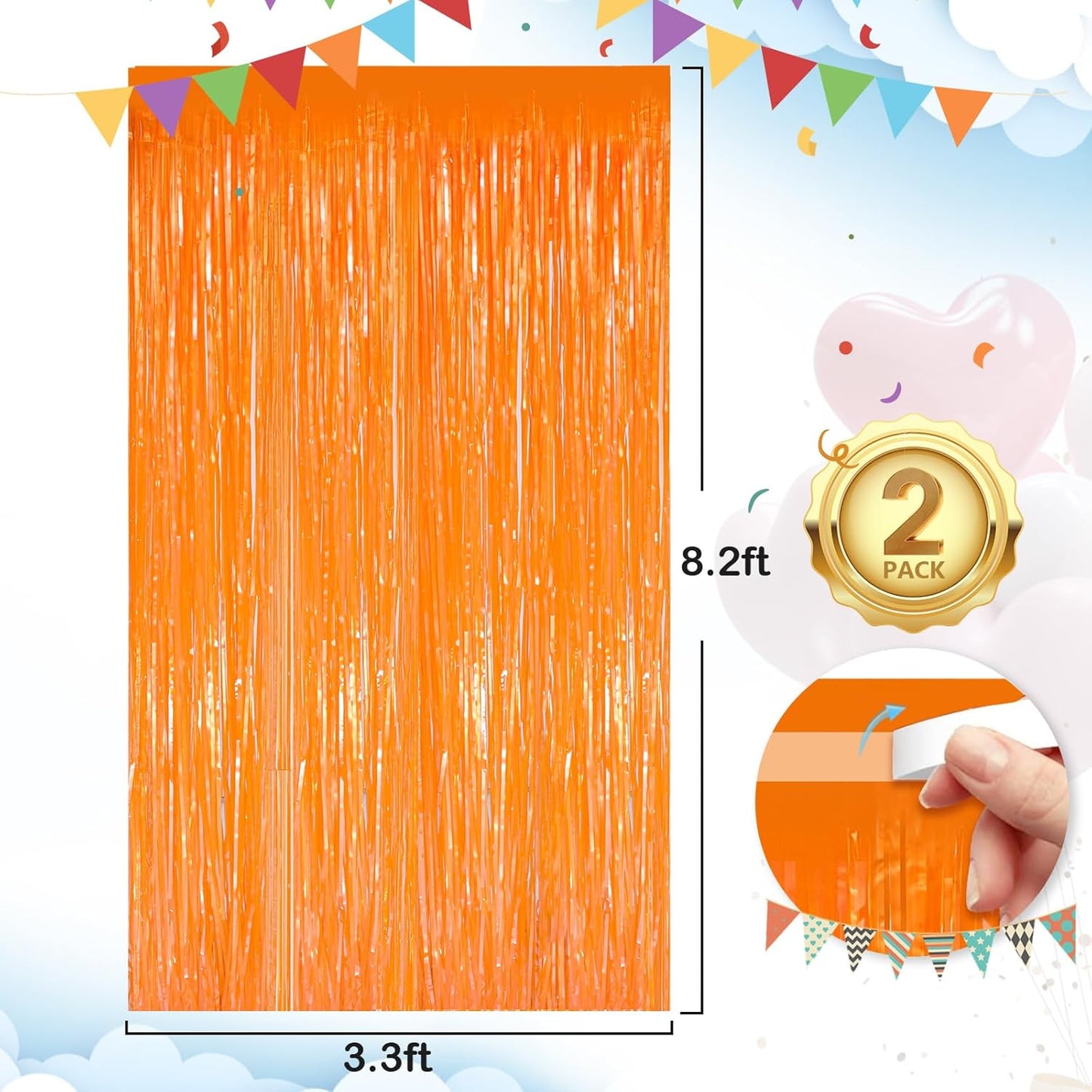 Macaron Orange Fringe Curtain Party Streamers 2Pack 3.3 x 8.3 Ft Foil Fringe Backdrop Curtains for Birthday Wedding Bridal Baby Shower Holiday Tinsel Streamers Orange Party Decorations Door Streamer