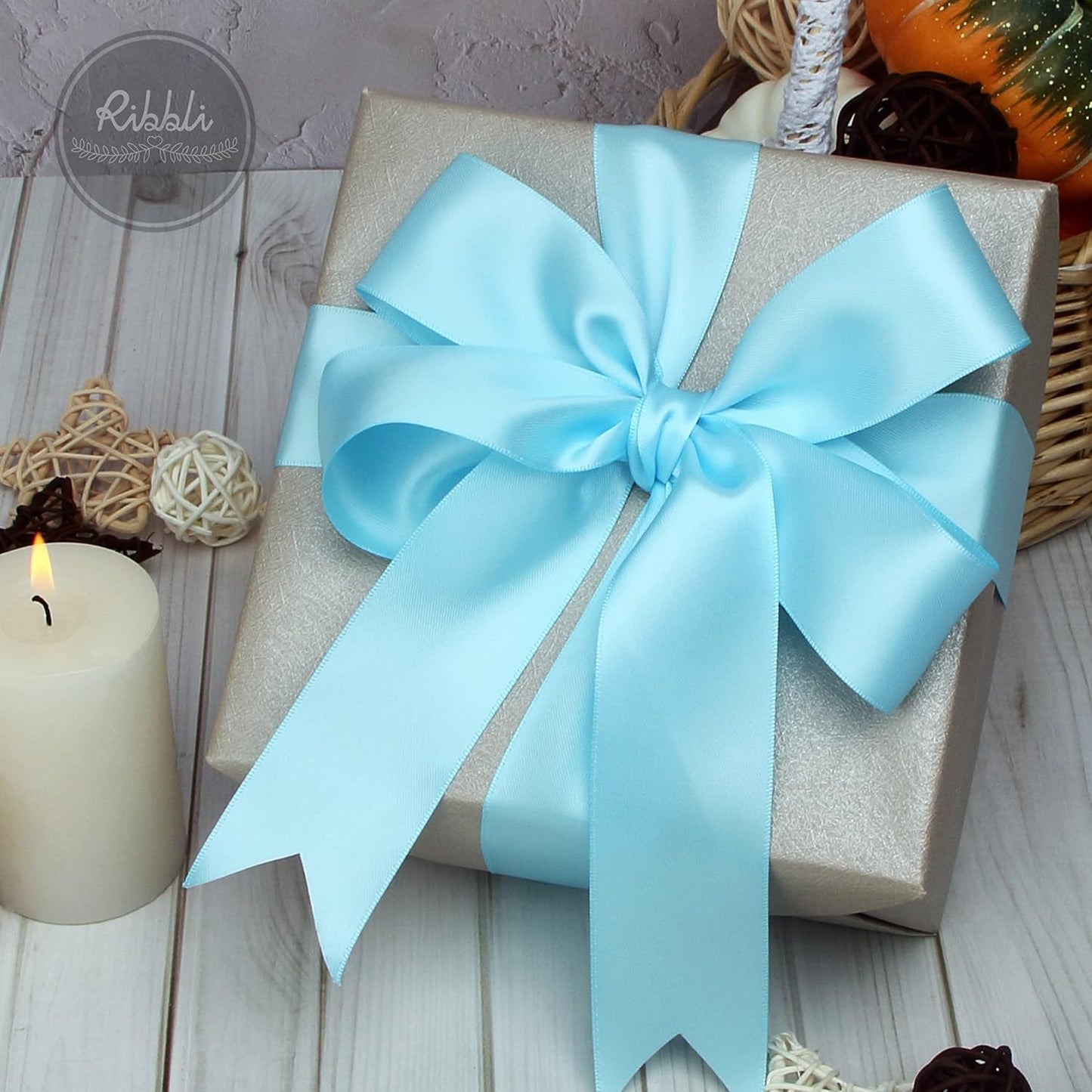 Ribbli Light Blue Baby Blue Double Faced Satin Ribbon,1-1/2” x Continuous 25 Yards,Use for Bows Bouquet,Gift Wrapping,Wedding,Floral Arrangement
