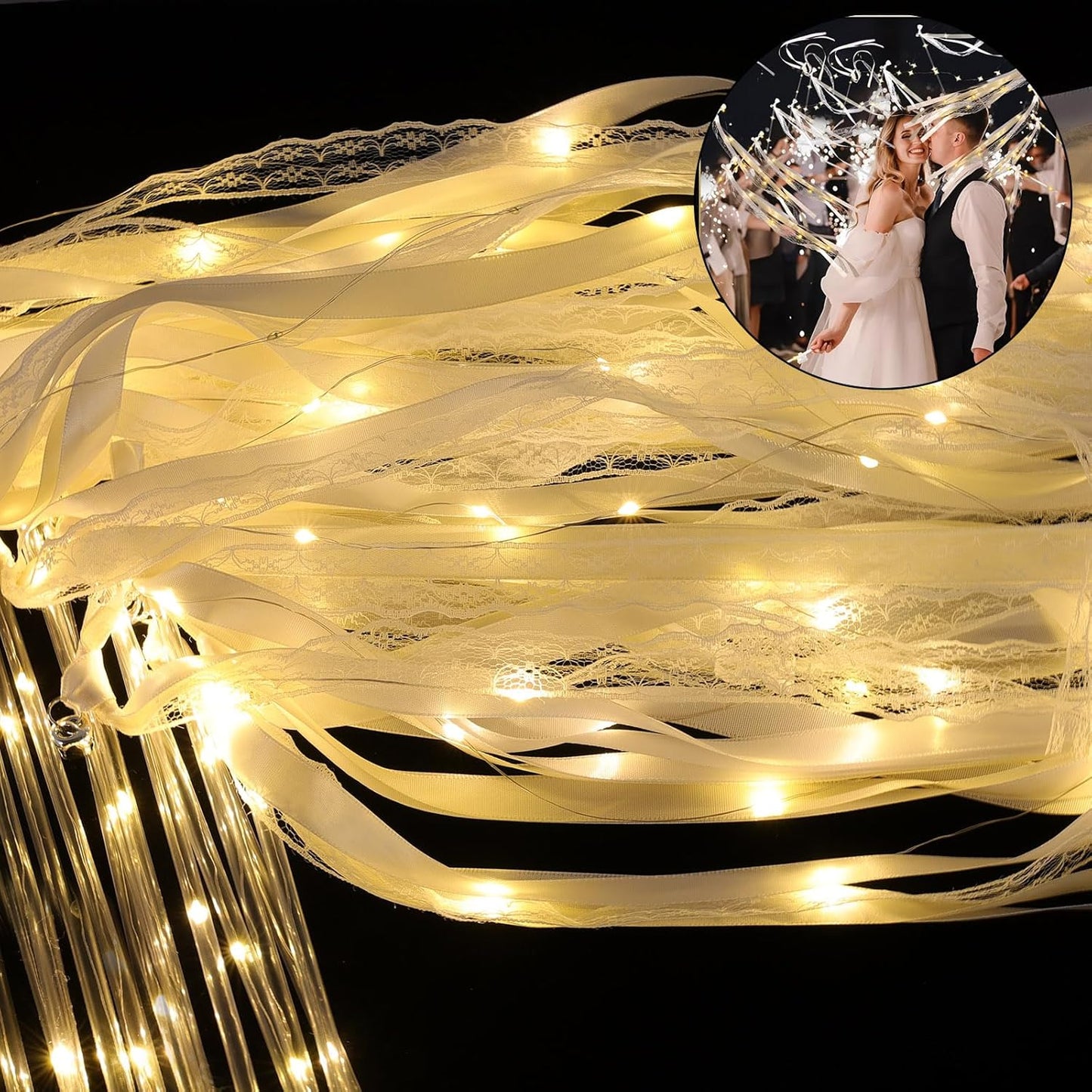 100 Pcs Wedding Wands Ribbon with 3 Colorful Flashing Modes, Light up LED Silk Fairy Wands, Glow Lace Stick with Bells for Wedding Reception, Graduation, New Year, Birthday Party (Warm White)