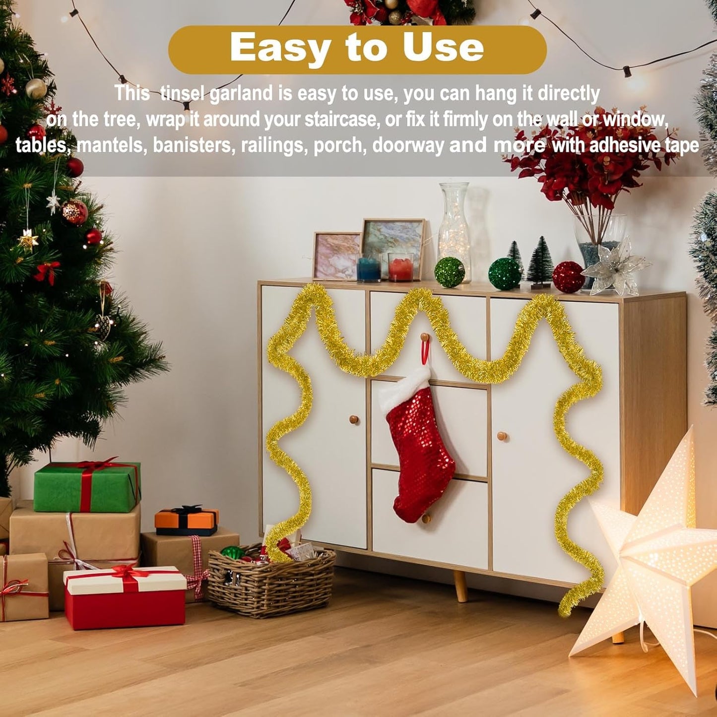 25 Feet Gold Christmas Tinsel Garland, Metallic Foil Twist Garland Wall Hanging Tinsel Banner Backdrop for Parade Floats, Easter, Mother's Day, Birthday Party Decorations (4in x 25ft)