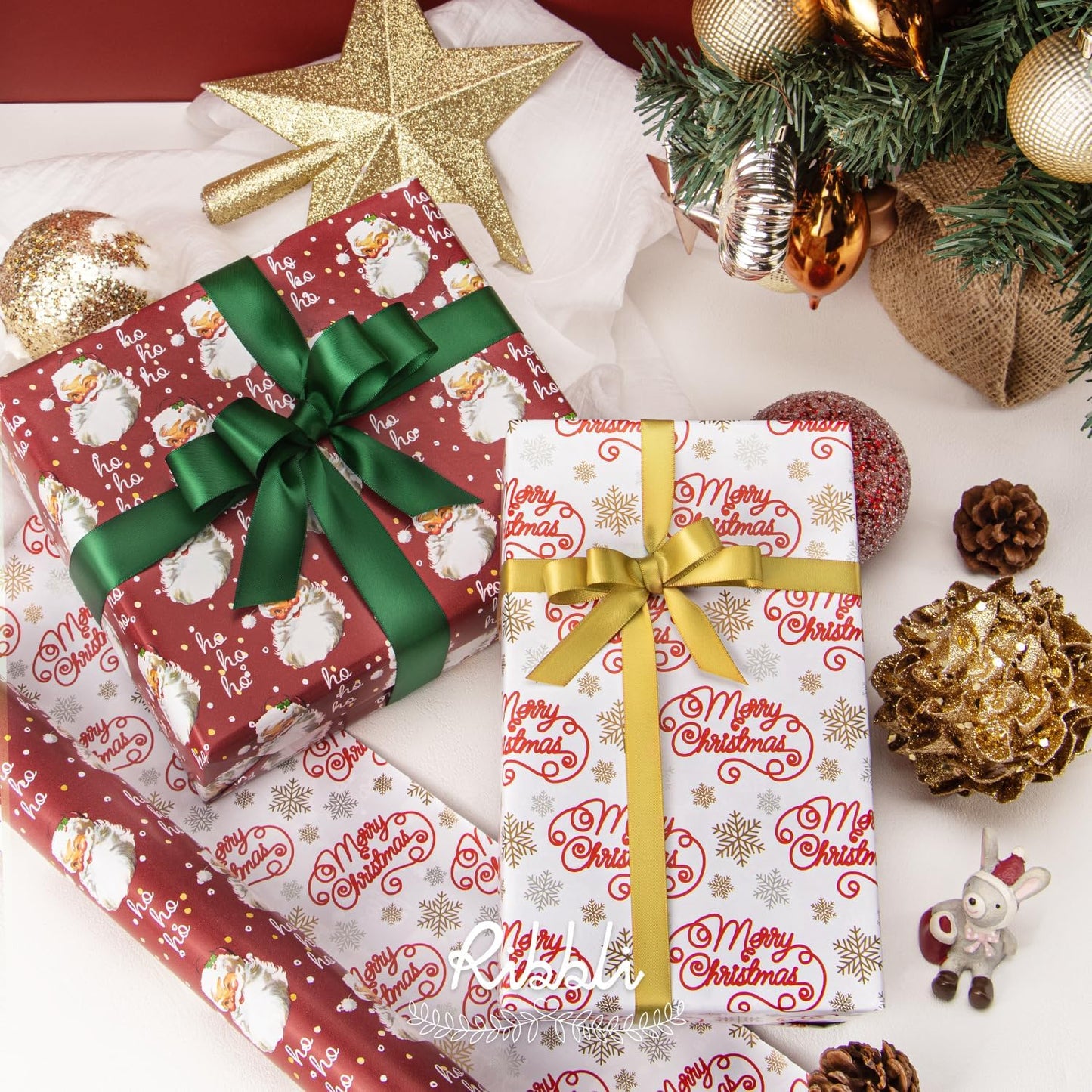 Ribbli Christmas Wrapping Paper Reversible Vintage Santa and Merry Christmas Red White Gift Wrapping Paper Rolls-17 Inch x 33 Feet