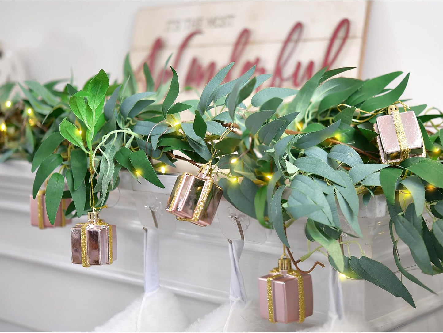 Artificial Willow Garland with Battery String Lights & Pink Gift Box Ornaments – 2-Pack Lighted Greenery Vine, with Remote for Mantels, Weddings, Fireplace, Holidays, Parties & Everyday Home Decor