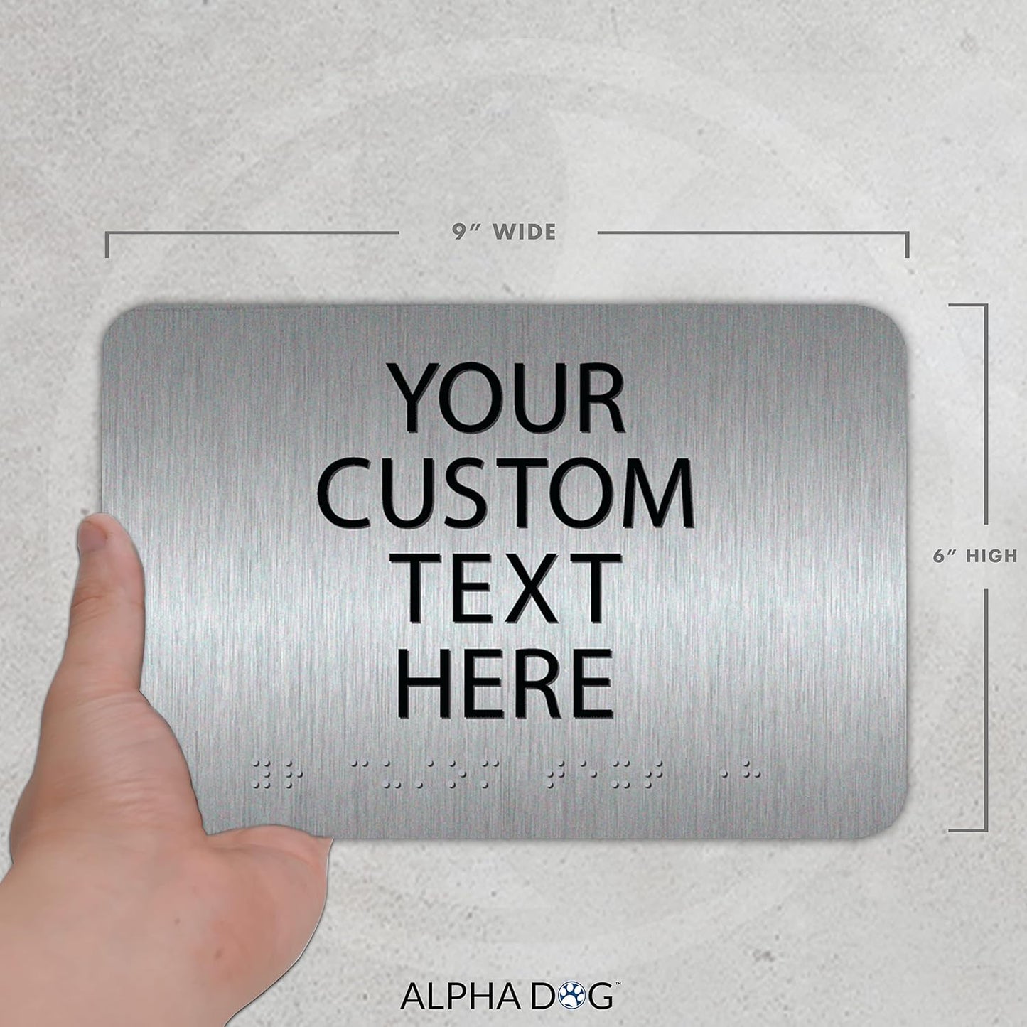 ALPHA DOG ADA SIGNS Custom ADA Compliant Braille Sign, 6"x9" Room Identification Plaque, Tactile Text, Raised Letters, Personalized 4-Line, Indoor/Outdoor, USA-Made (Brushed Stainless)