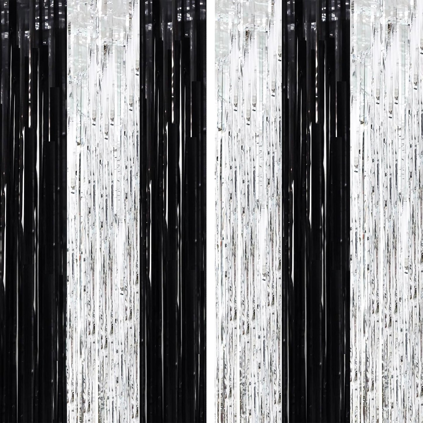 2 Pack Black and Silver Tinsel Foil Fringe Curtains, Black White Party Decorations, Metallic Tinsel Party Streamers Backdrop for New Years Birthday Christmas Graduation Decorations