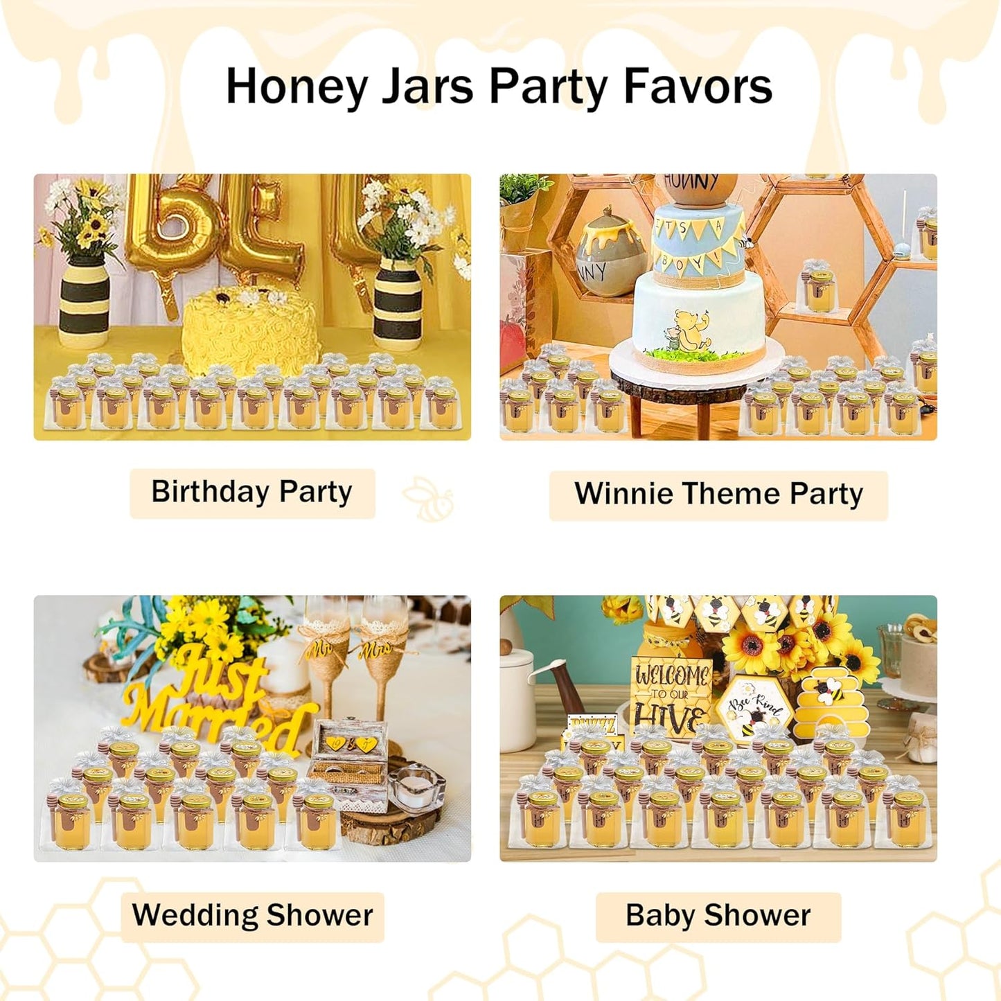 Aliggbent 35 Pack Small Honey Jars for Party Favors in Bulk, 4 oz Mini Hexagon Glass Honey Jars with Dippers, Lids, Cute Stickers, Bee Charms, Gift Bags & Jute for Baby Showers, Weddings, Birthdays