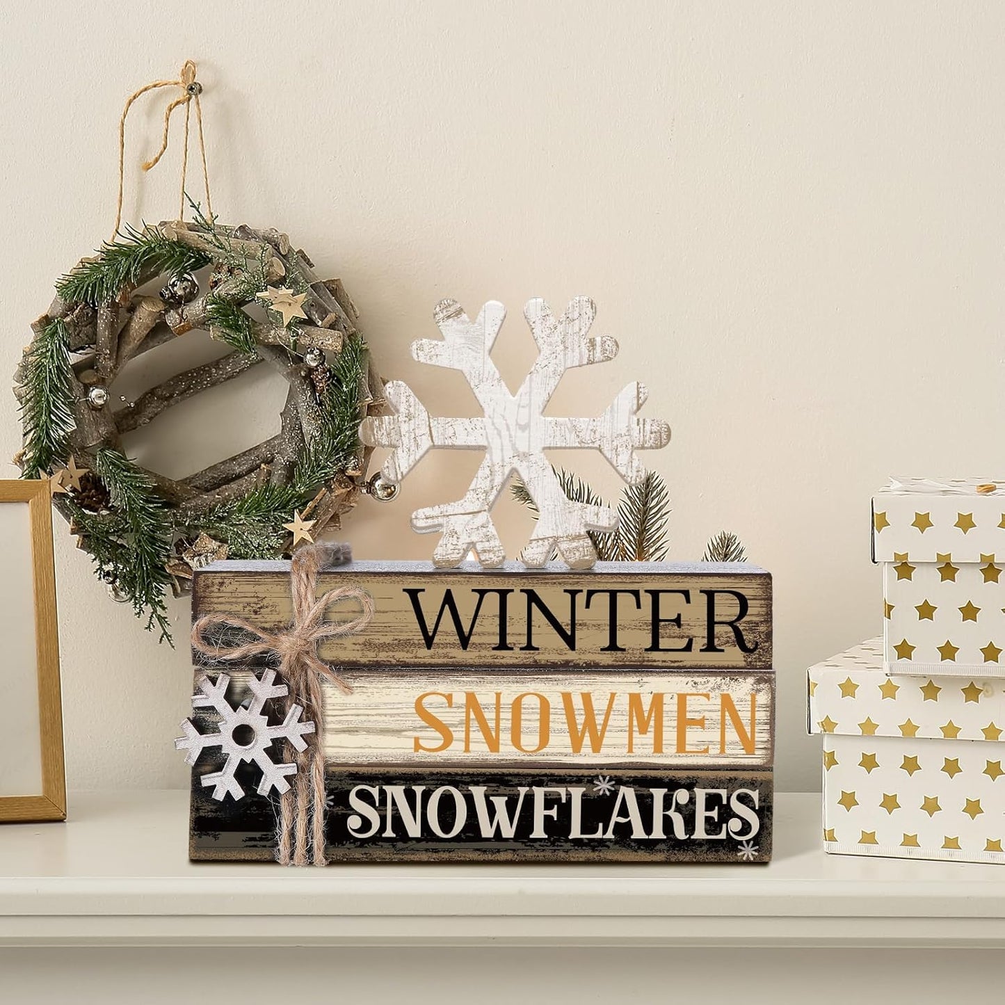 4 Pcs Winter Table Decorations Snowmmen Tiered Tray Decorations Christmas Mini Snowflake Wooden Books Signs for Office Shelf Classroom Tabletop Bookshelf