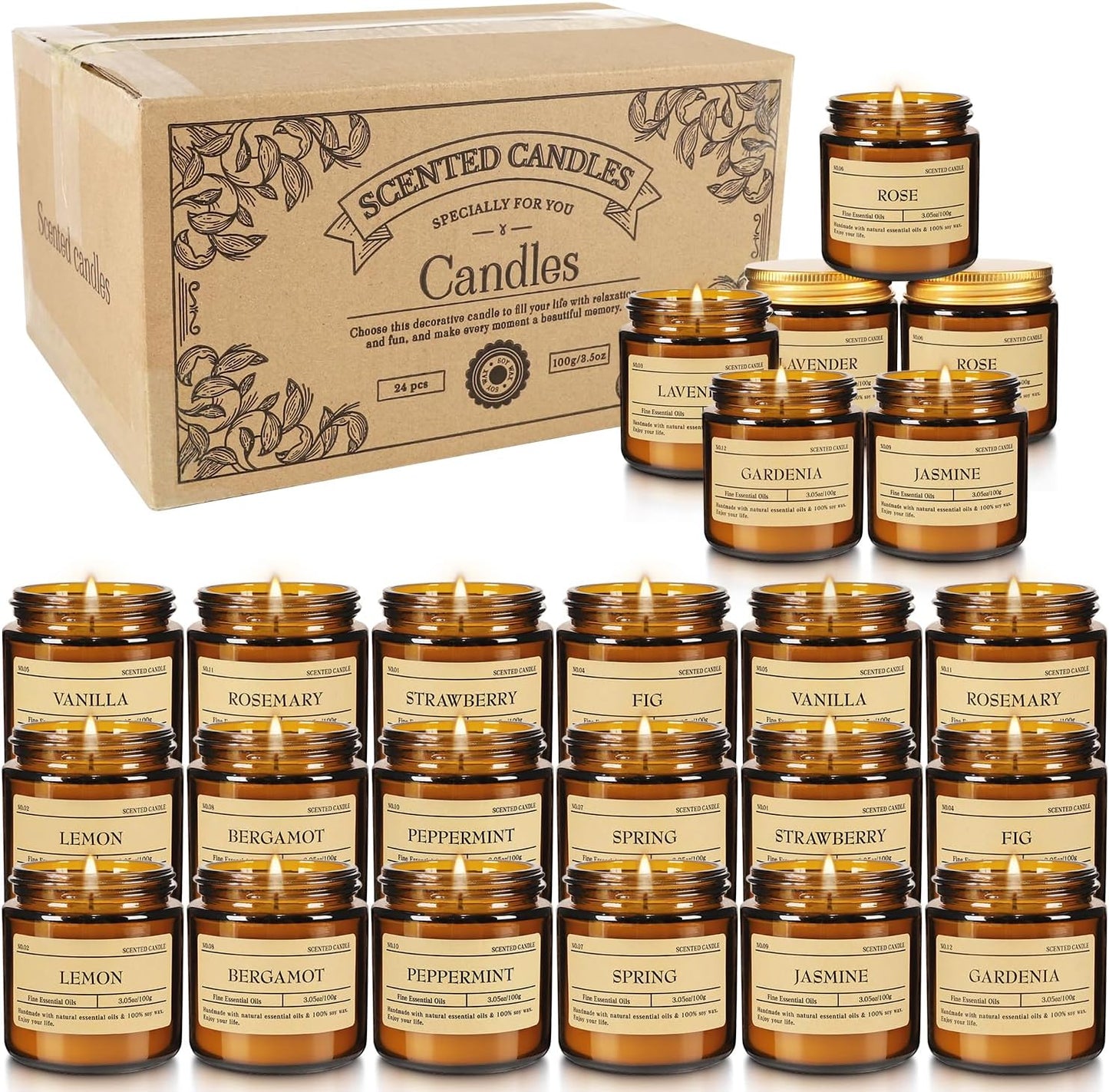 24-Pack Scented Candle Gift Box - 12 scents to Choose from (Rose/Lavender/Lemon/Vanilla), Natural Soy Wax - Birthday, Halloween and Christmas，Gift for Best Friends, Male and Female Friends