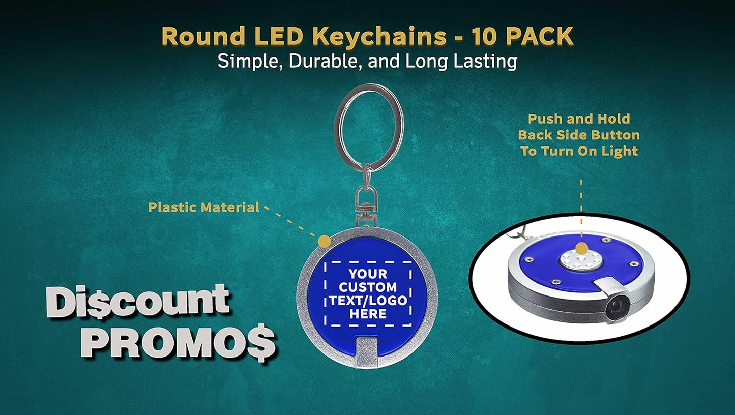 DISCOUNT PROMOS 10 Round LED Keychains - Customizable Text, Logo - Battery included, Plastic - Blue