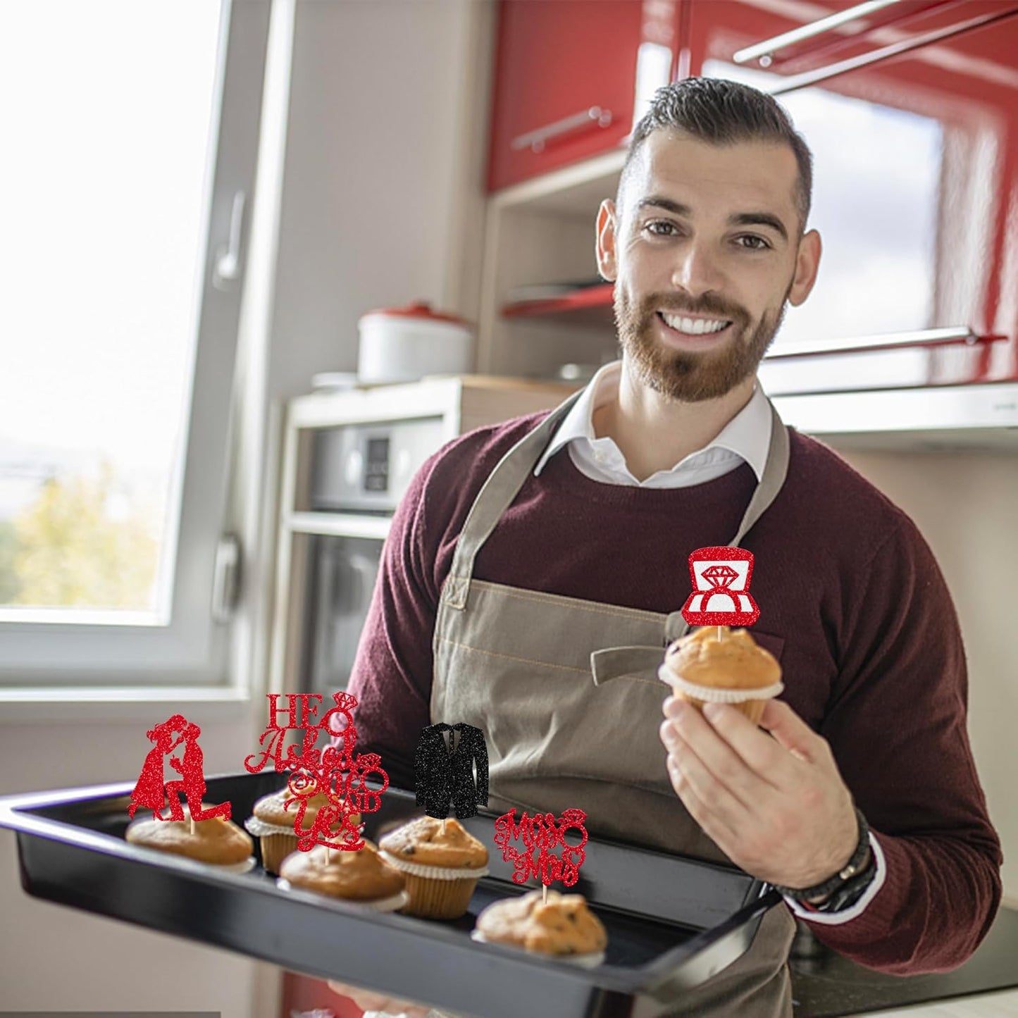 30 Pack Bride to be Cupcake Toppers Glitter Diamond Ring Love I Do Cupcake Picks Miss to Mrs He Asked She Said Yes Bridal Shower Wedding Engagement Bachelorette Cake Decorations Party Red