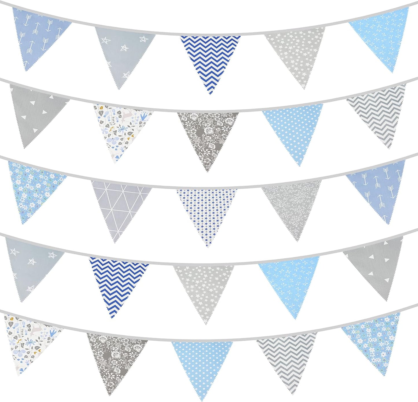 jijAcraft 39Ft Triangle Bunting Banner, 42Pcs Tea Floral Party Bunting Cotton Fabric Flags Pennant Garlands for Birthday Party, Wedding, Baby Shower, Outdoor and Home Decorations (Gray and Blue)